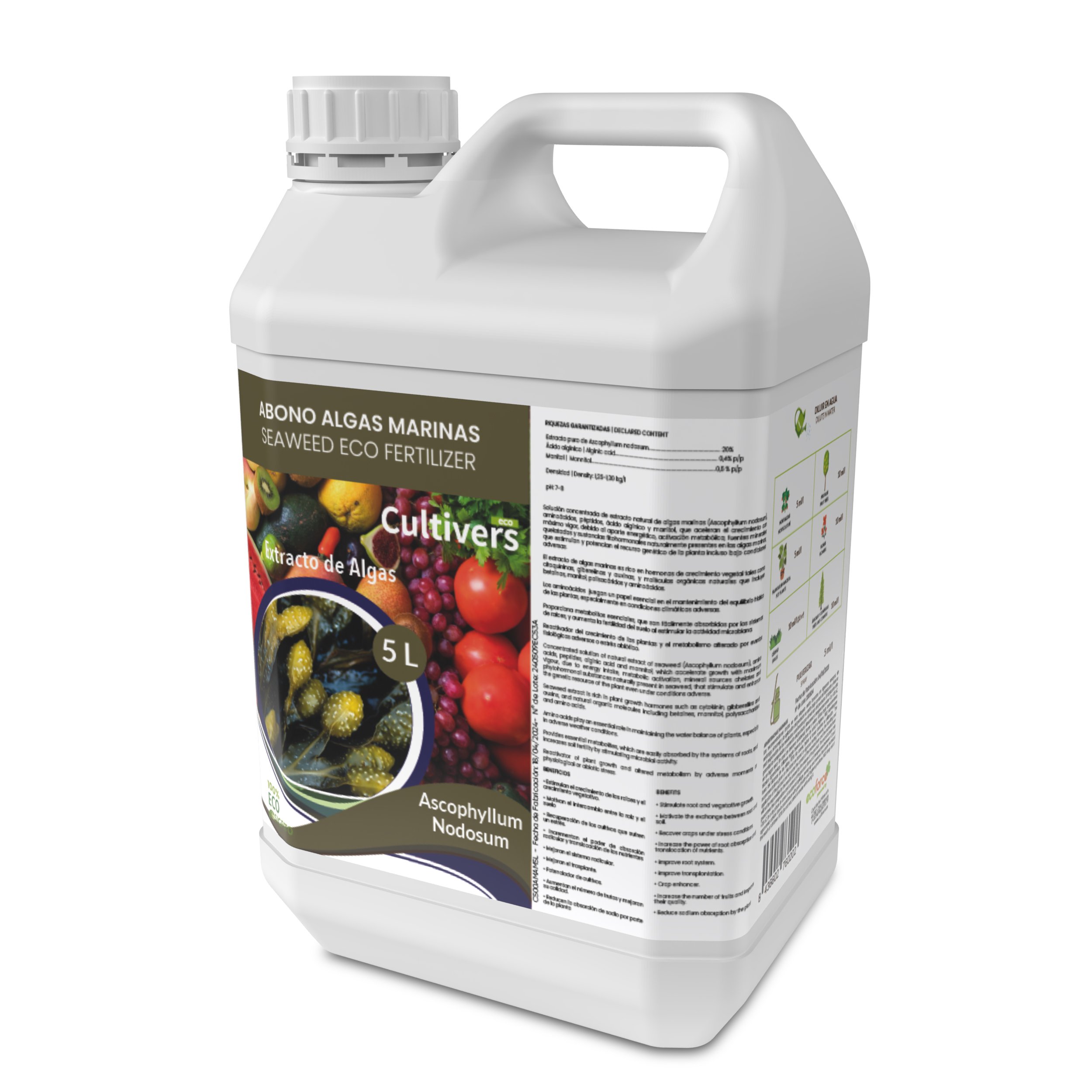 CULTIVERS Fertilizante Algas Marinas Líquido 5 L. Abono orgánico para plantas extracto de Ascophyllum nodosum. Potenciador de crecimiento, estimulador de raíces, mejora la producción y la calidad