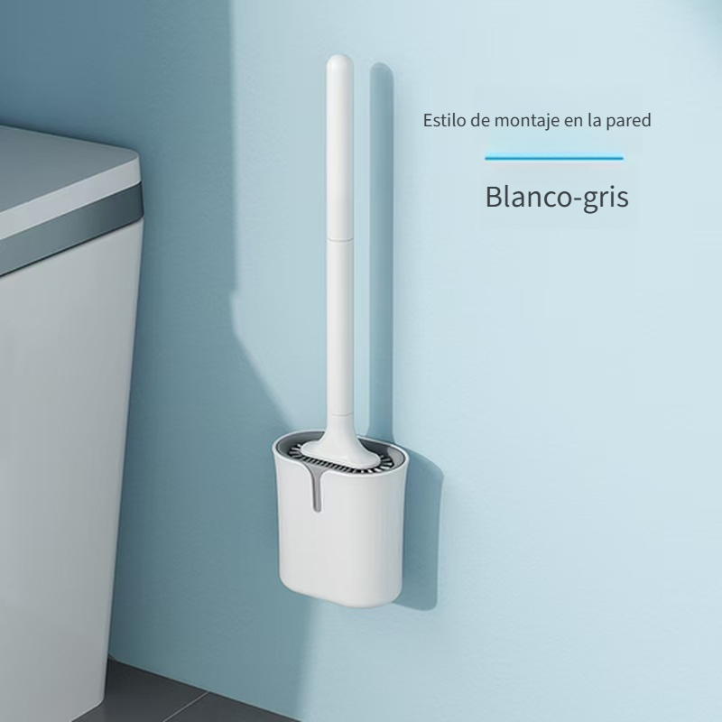 Cepillo de inodoro de silicona sin ángulos muertos – Set con base, soporte de pared y diseño alargado para baño