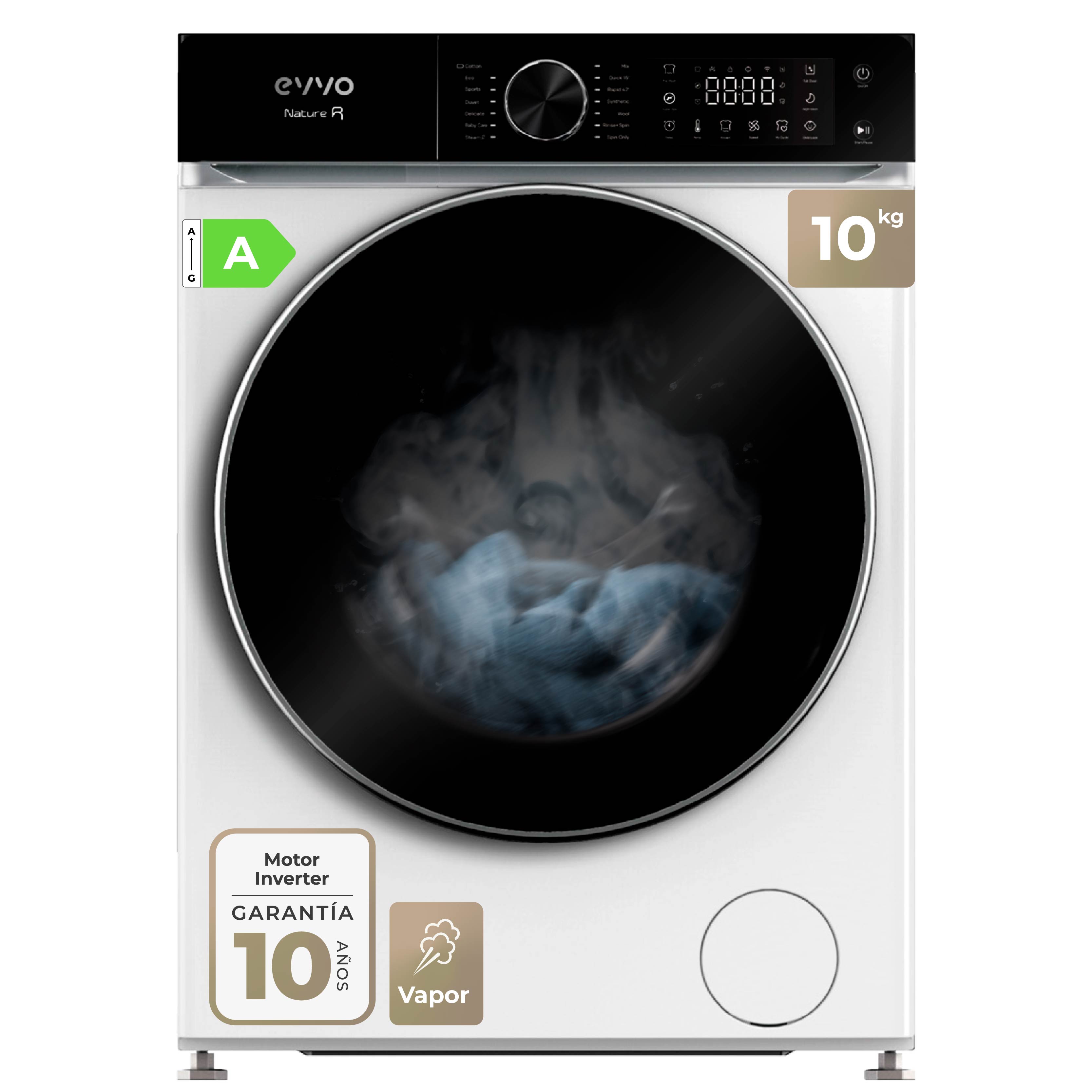 EVVO Lavadora 10 kg carga frontal Nature R10, 1400 rpm, Clase  A, Motor Inverter, 13 programas,, Modo nocturno, Lavado Rápido