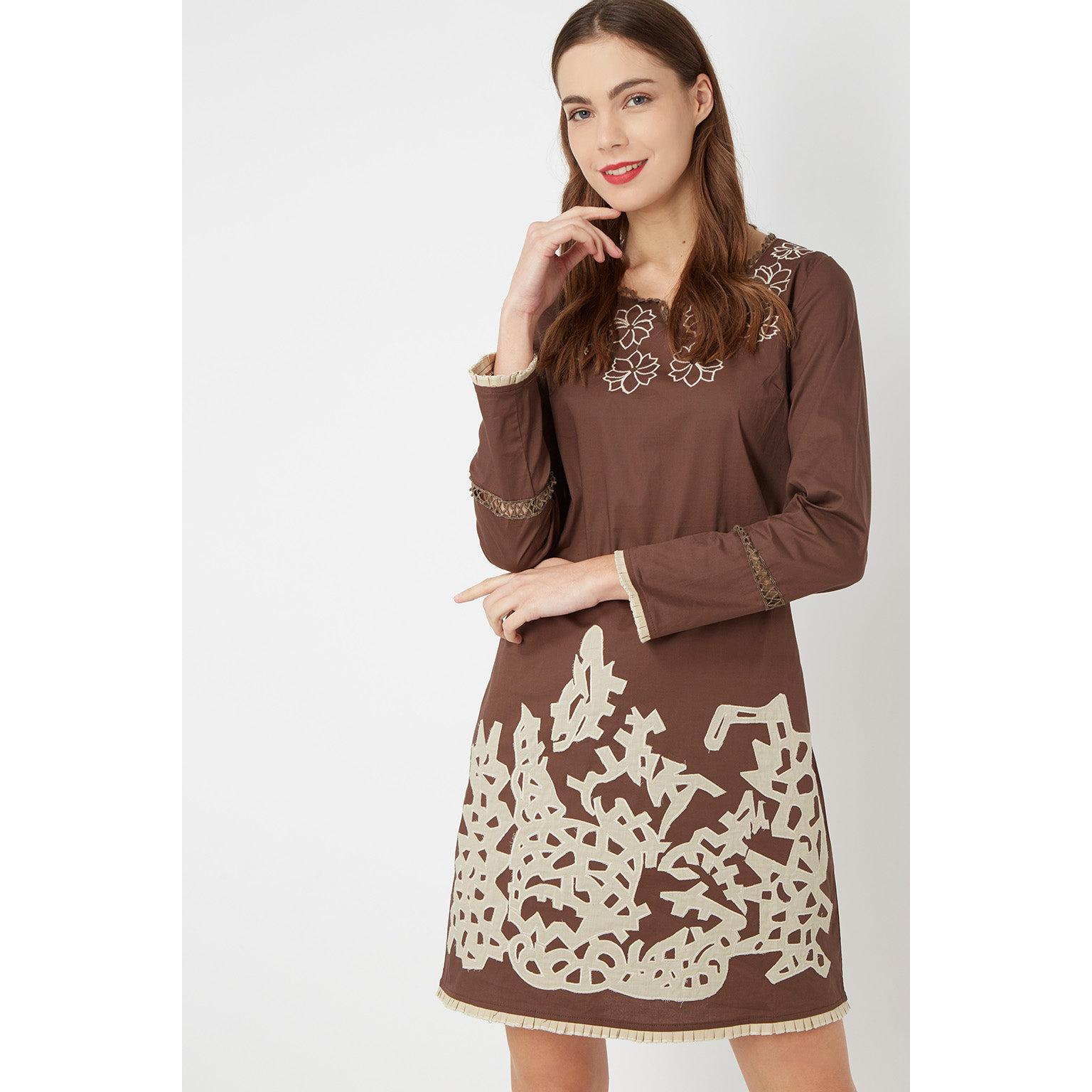 Vestido mujer, dress, outfit, manga larga bordado minimalista romántico algodón ligero, corte recto, estilo sofisticado eventos casual, elegante, marrón, talla 38, 46 colores disponibles, cómodo, versátil, ✅Entrega 24/48h