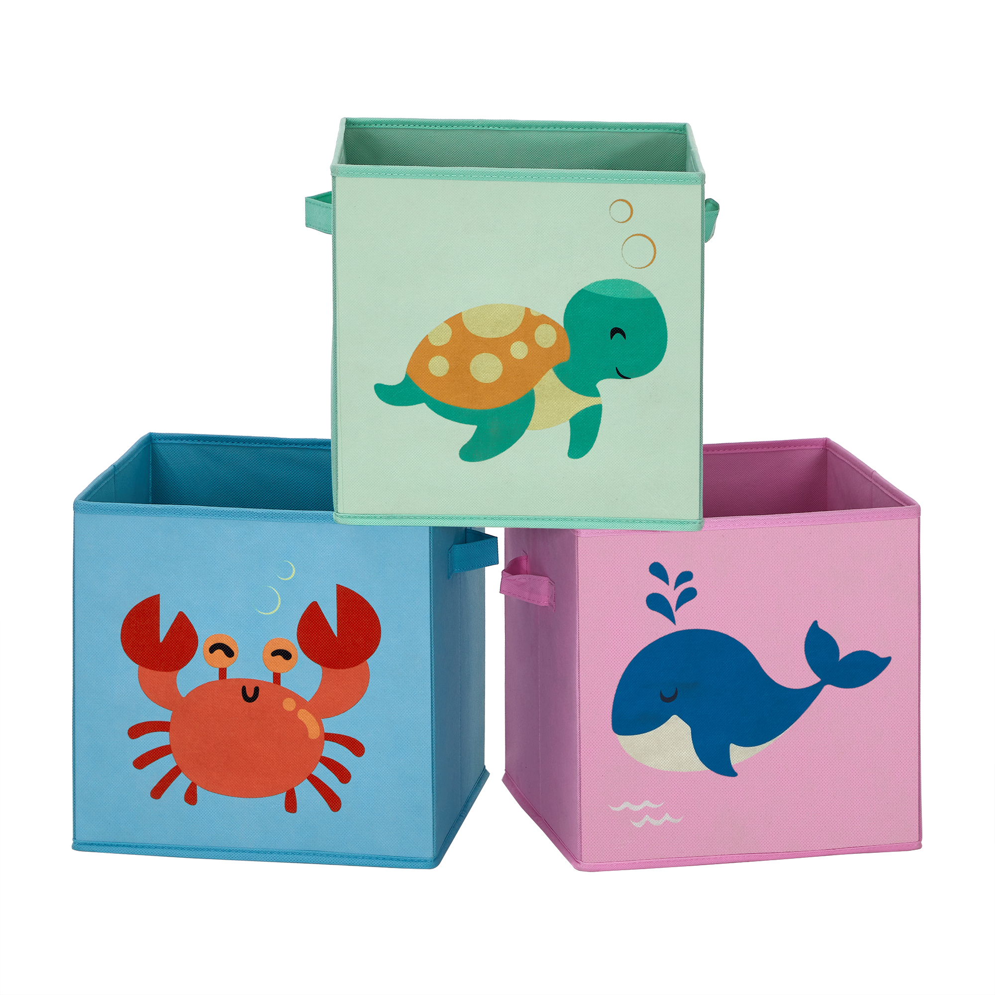 SONGMICS Caja organizadora Tela, Caja almacenaje Infantil, Juego de 3, Organizadora Juguete, Plegables con Asas, para habitación de niños, 30 x 30 x 30 cm, Tema del mar, Azul, Verde y Rosa
