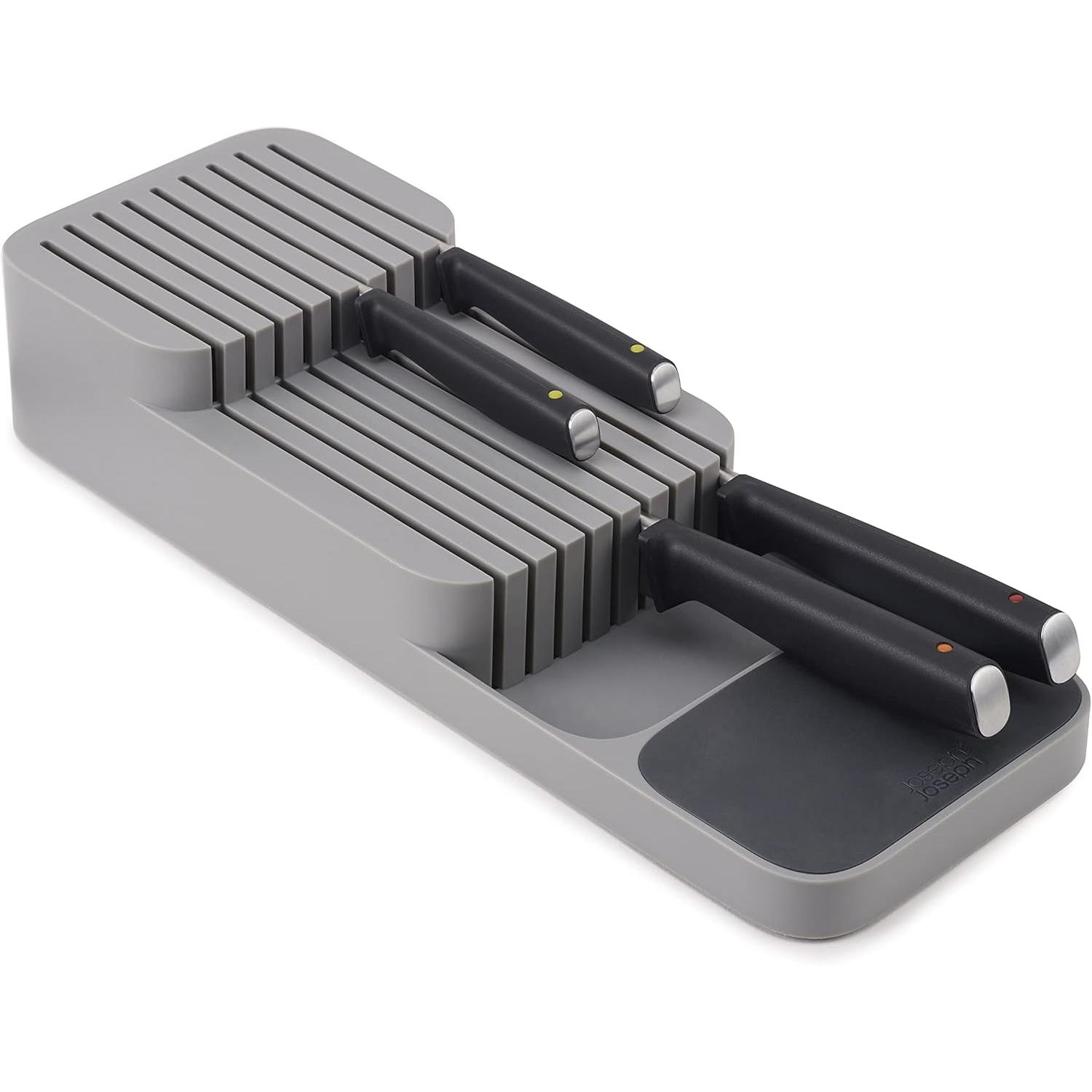 TK Organizador divisor de cuchillos, organizador de compartimentos para cajones de cubiertos, bandeja organizadora para cajones de cocina, soporte para cuchillos, gris