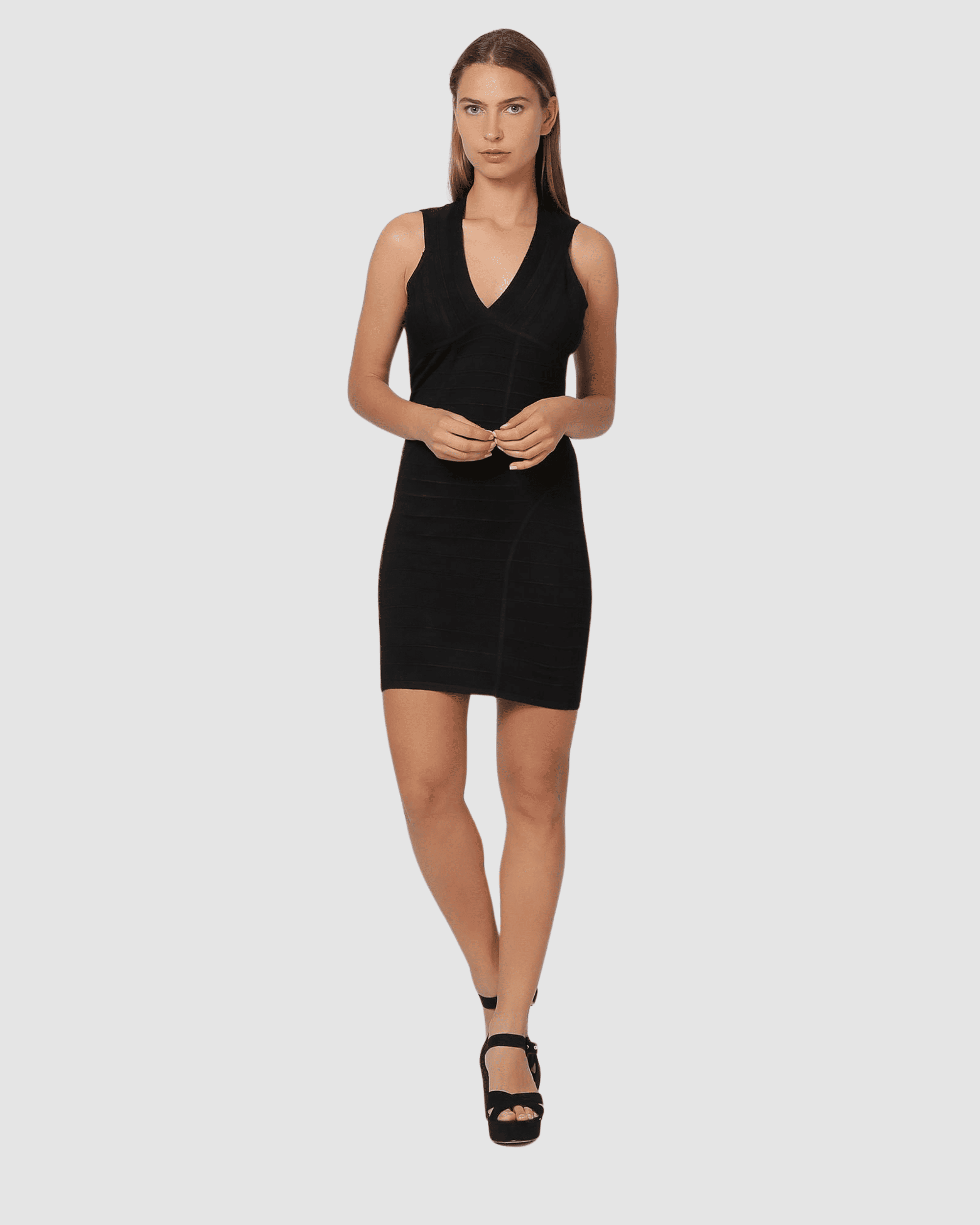 Vestido corto mujer, dress ajustado moldeador, diseño liso, tejido con textura elegante, escote V sin mangas, bajo elástico, estilo sofisticado, color negro, tallas L/XL, versátil y cómodo ✅Entrega 24/48h