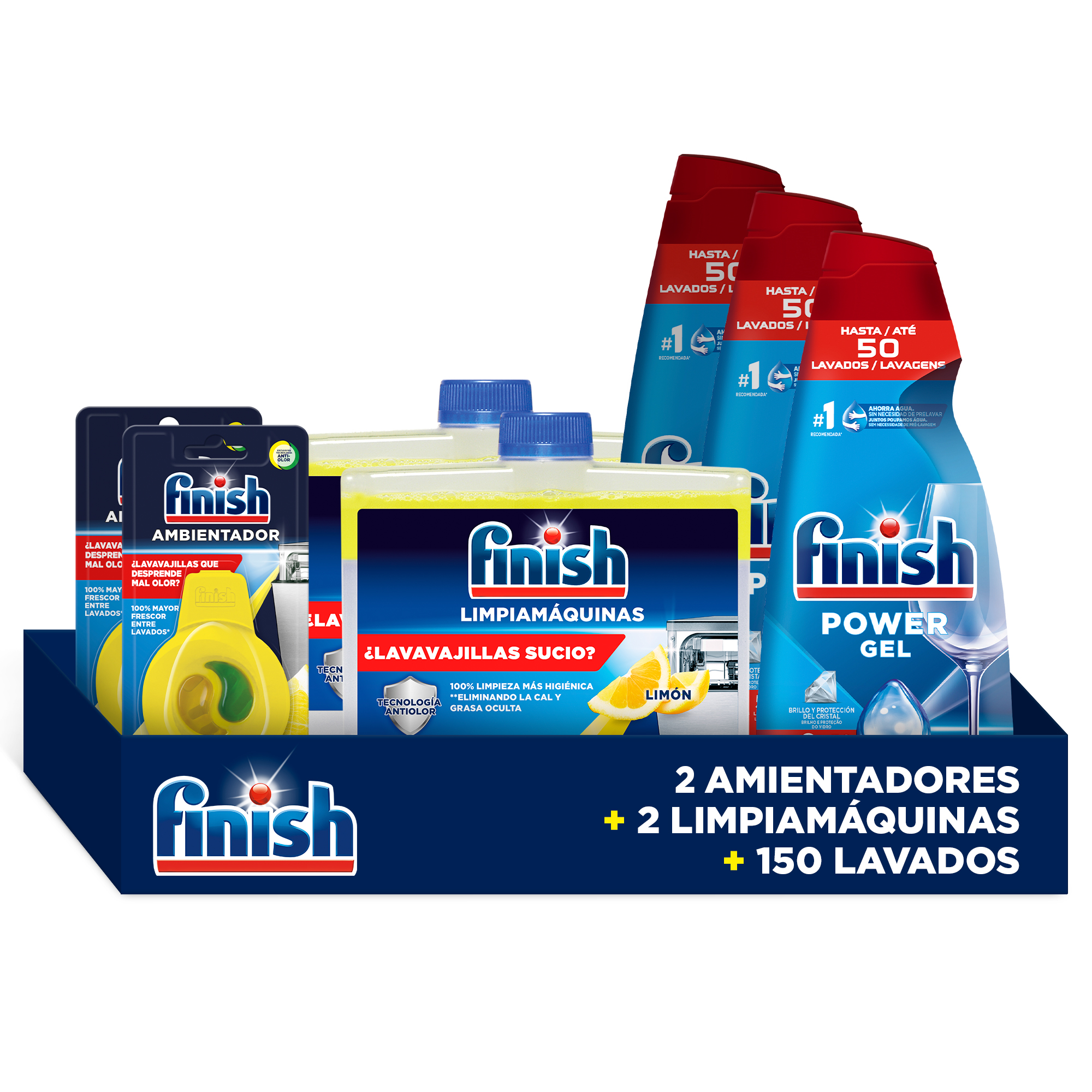 Finish Pack Higiene Total – 3x Gel All in 1 (150 Lavados) + 2x Ambientador Limón + 2x Limpiamáquinas Limón 250ml
