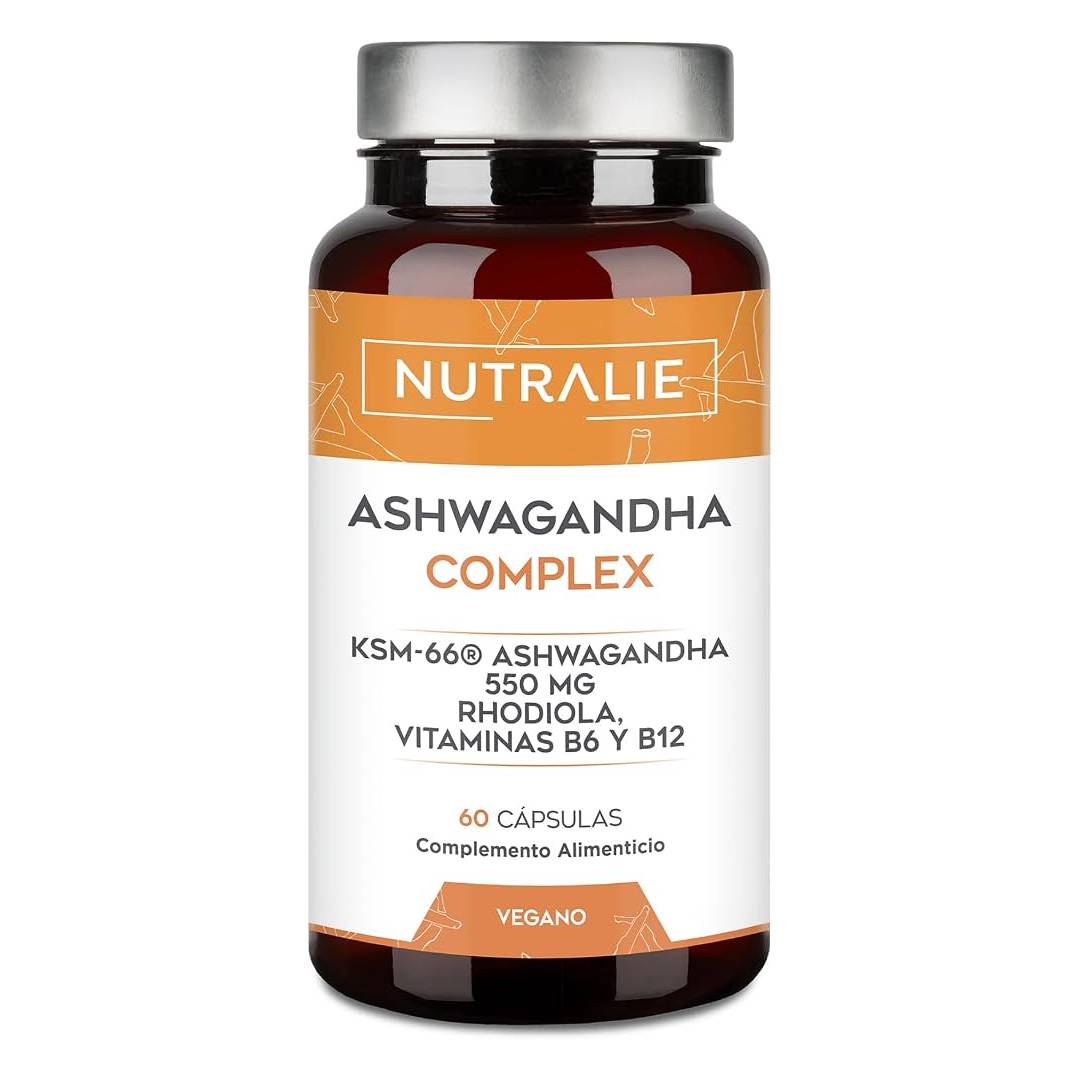 Nutralie Ashwagandha Complex 60 cápsulas - Con Maca, Rhodiola y Vitaminas B6-B12 - Reducción de Estrés, Energía y Rendimiento Mental - Vegano