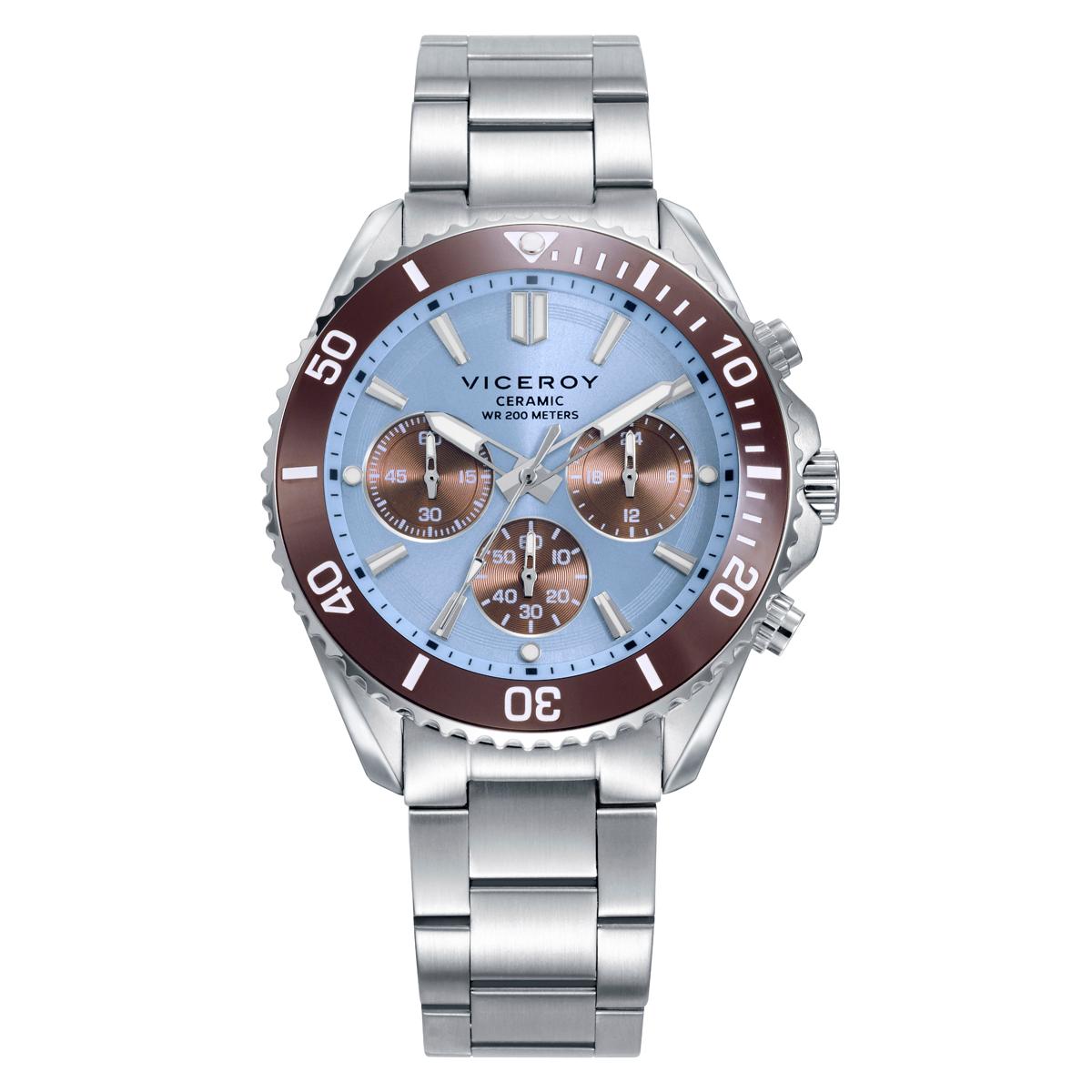 Reloj Viceroy Cronógrafo de hombre en acero con bisel de cerámica marrón, esfera azul y brazalete sólido de acero