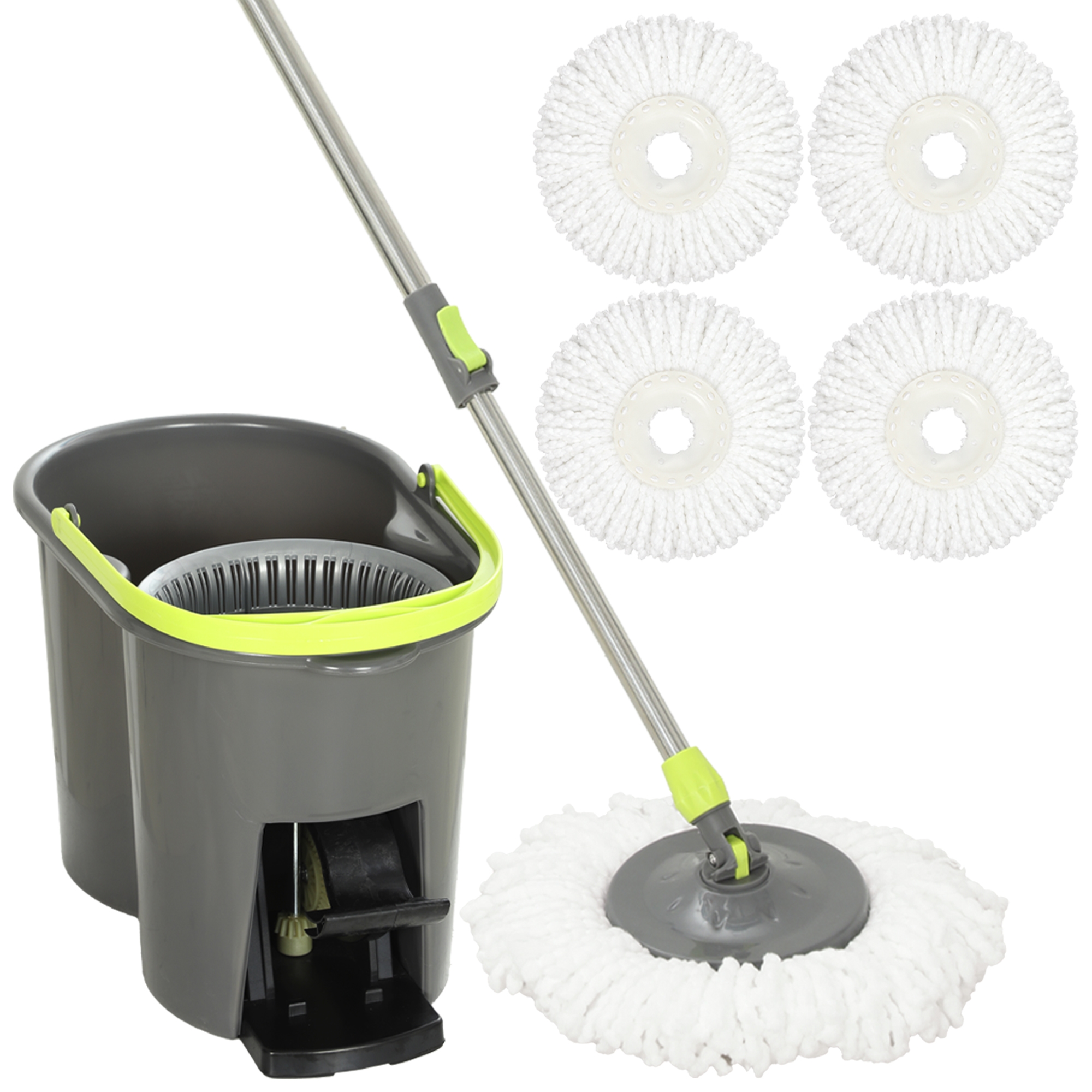 HOMCOM Juego de Fregona y Cubo con Escurridor para Hogar, Cubo 20 L, 2 Compartimentos, para Limpieza de Suelos y Paredes, 5 Mopas de Microfibra Lavables, Cabezal 360°, Mango Largo, Uso Seco y Húmedo