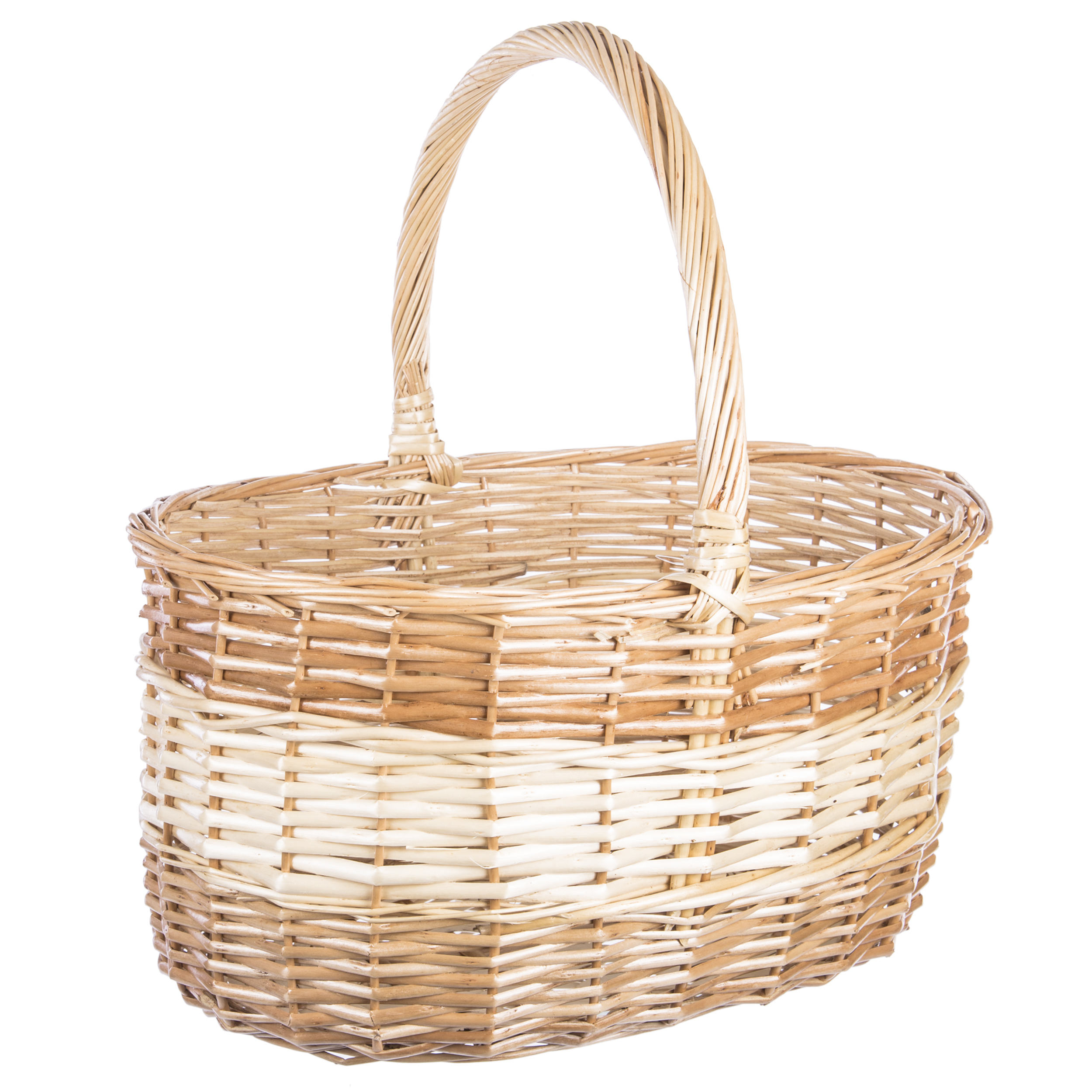 Cesta de mimbre grande 38x38x30 cm bicolor con asa alta para recolección de setas, frutas y verduras — ideal compra ecológica y decoración vintage