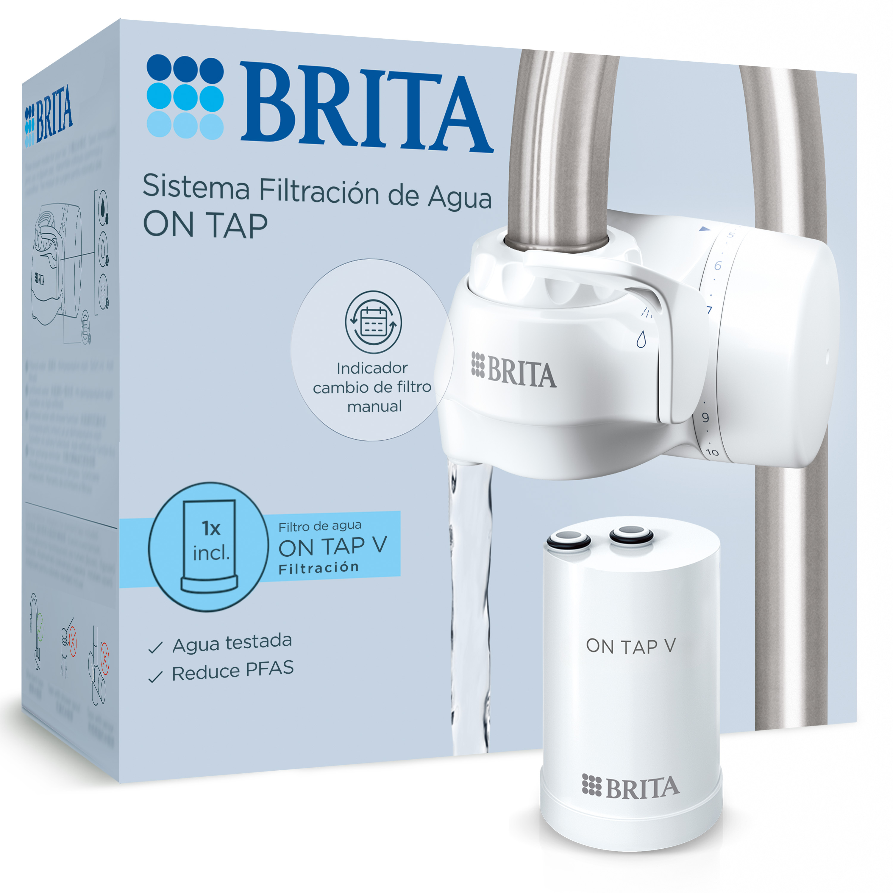 BRITA ON TAP sistema de filtración de agua (4 meses), 1 filtro ON TAP V | Grifo con Filtro de Agua Incluye 1 Cartucho | Filtra hasta 600L | Elimina cloro, microplásticos y contaminantes | Conserva minerales | Instalación sin herramientas