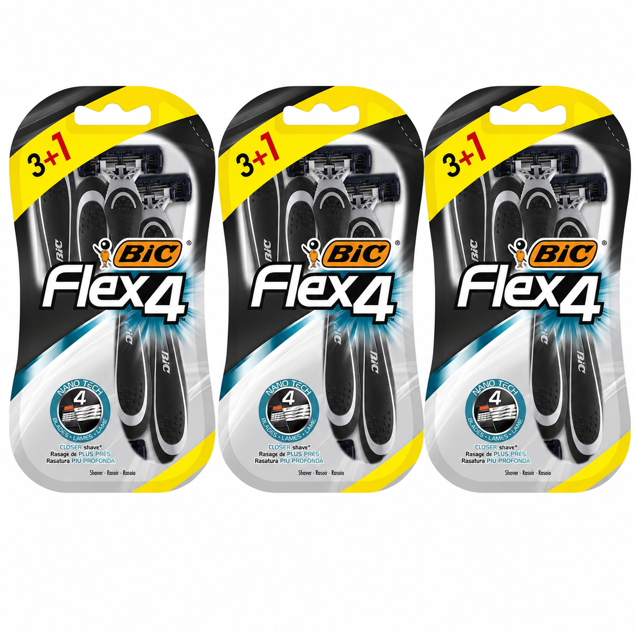 BIC Flex4 maquinillas de afeitar desechables -PACK AHORRO 3 UDS - Para un afeitado apurado y rápido, Blíster de 3+1 cuchillas de afeitar