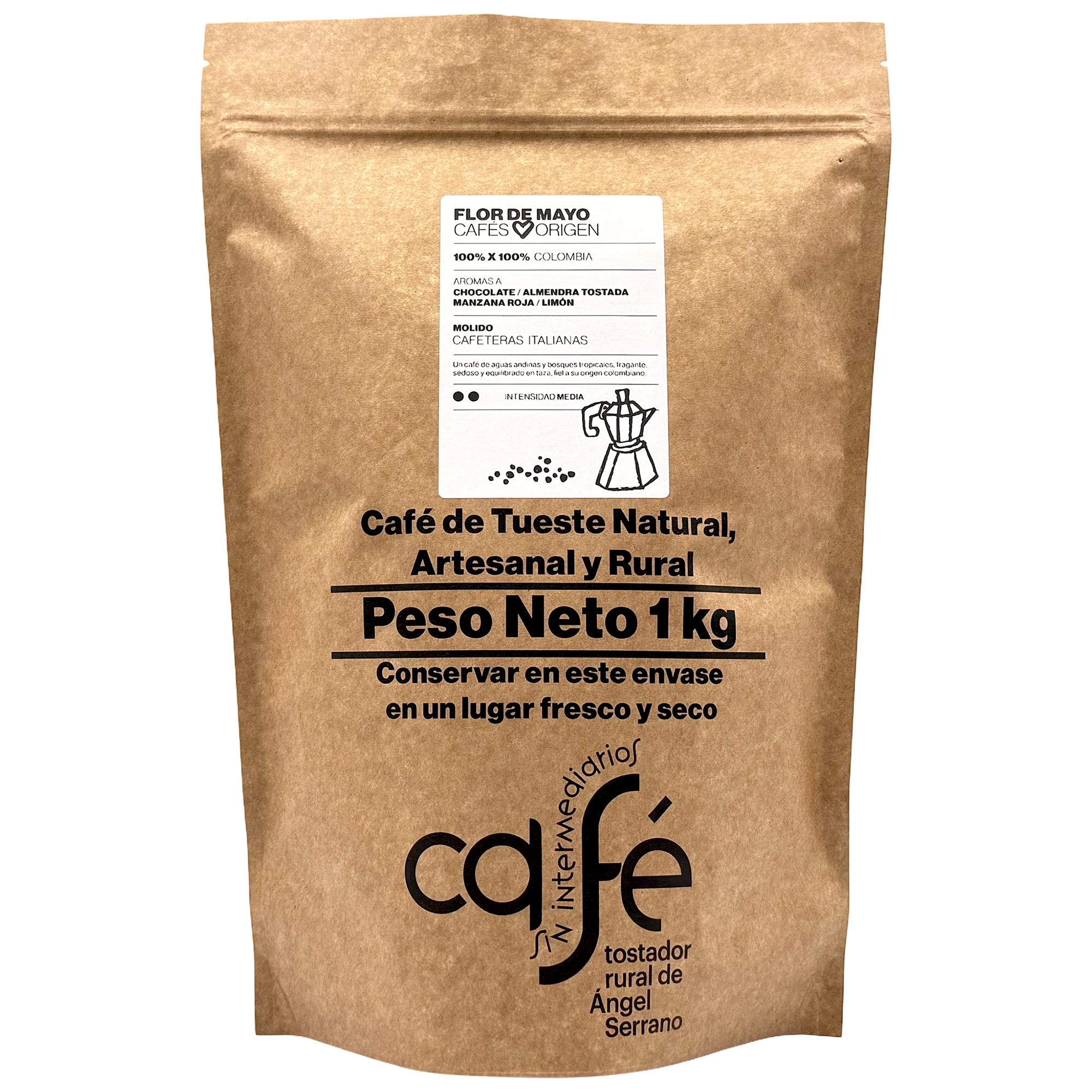 CAFÉ SIN INTERMEDIARIOS - 100% Colombia - Flor de Mayo - Ideal para tomar solo - Intensidad de sabor Media - Recién tostado y envasado - 1 Kg Grano o Molido (Exprés, Filtro, Italiana, Americana, Superautomática)