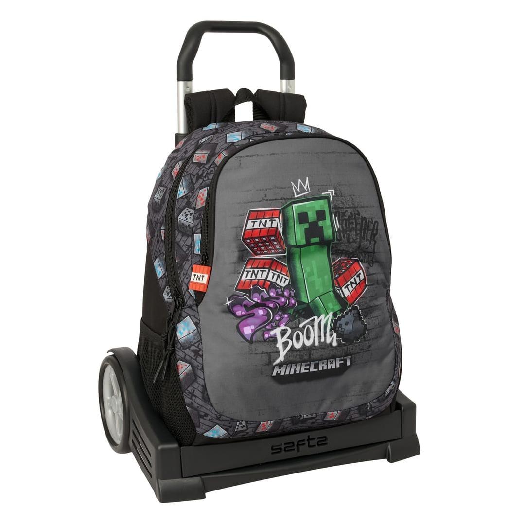 SAFTA | Mochila Escolar con Carro Evolution Minecraft para Niño y Niña 32 x 43 x 15 Cm (20,2 Litros), Licencia Oficial, 2 Compartimentos Grandes, Bolsillos Portabotellas, Tiradores Dobles, Espalda Acolchada, Talla Única
