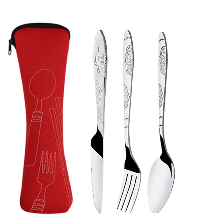 OmHome 3Pcs Steel Knifes Fork Spoon Set Family Travel Camping Cutlery Eyeful Four-piece Dinnerware Set with Case