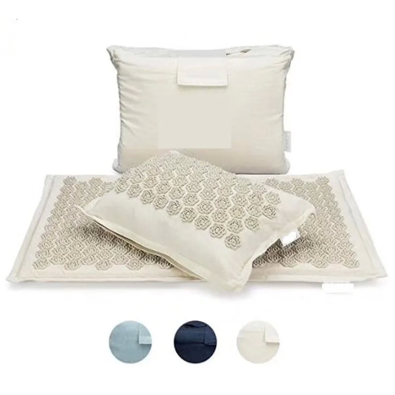 Pack de Esterilla de Yoga de lino natural con palma de coco, almohada deportiva con bolsa, cojín de acupresión con punta de loto