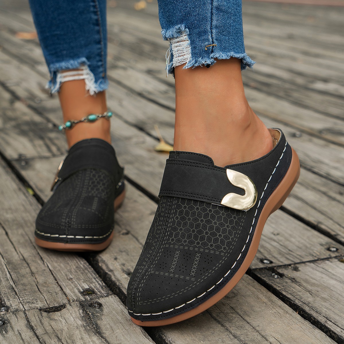 TK Pantuflas casuales de Suela plana de talla Grande 45 para Mujer, Nueva Pants de Playa with Cabeza de metal y Tacón de cuña de color sólido.
