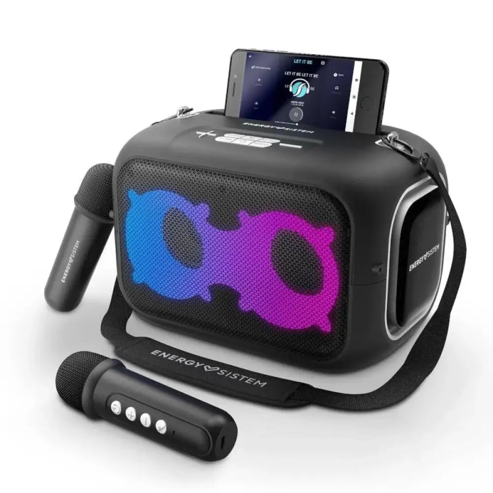 Energy Sistem - Altavoz karaoke Bluetooth 60W con micrófonos inalámbricos y luces LED para fiestas, potente sonido 2.0, IPX4 resistente a salpicaduras