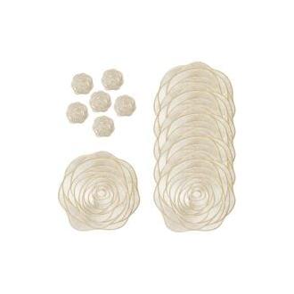 CA Juego de 12 manteles individuales de PVC dorados antideslizantes y 6 posavasos redondos lavables de alta calidad, diseño floral rosa de estilo europeo, resistentes al calor para T