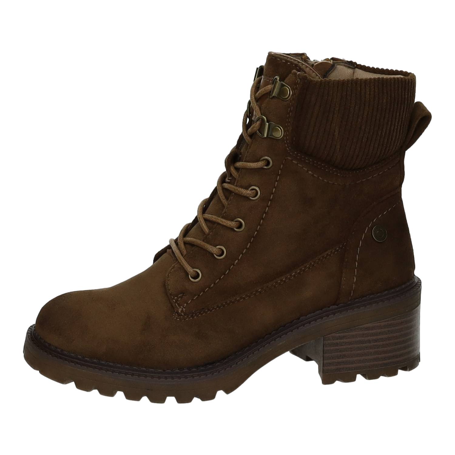 Botines marca REFRESH para mujer en color taupe. Calzado Antelina, Cordones y Cremallera Lateral, Tacón Ancho Medio, Suela Dentada, Cuello Acolchado, Producto Vegano