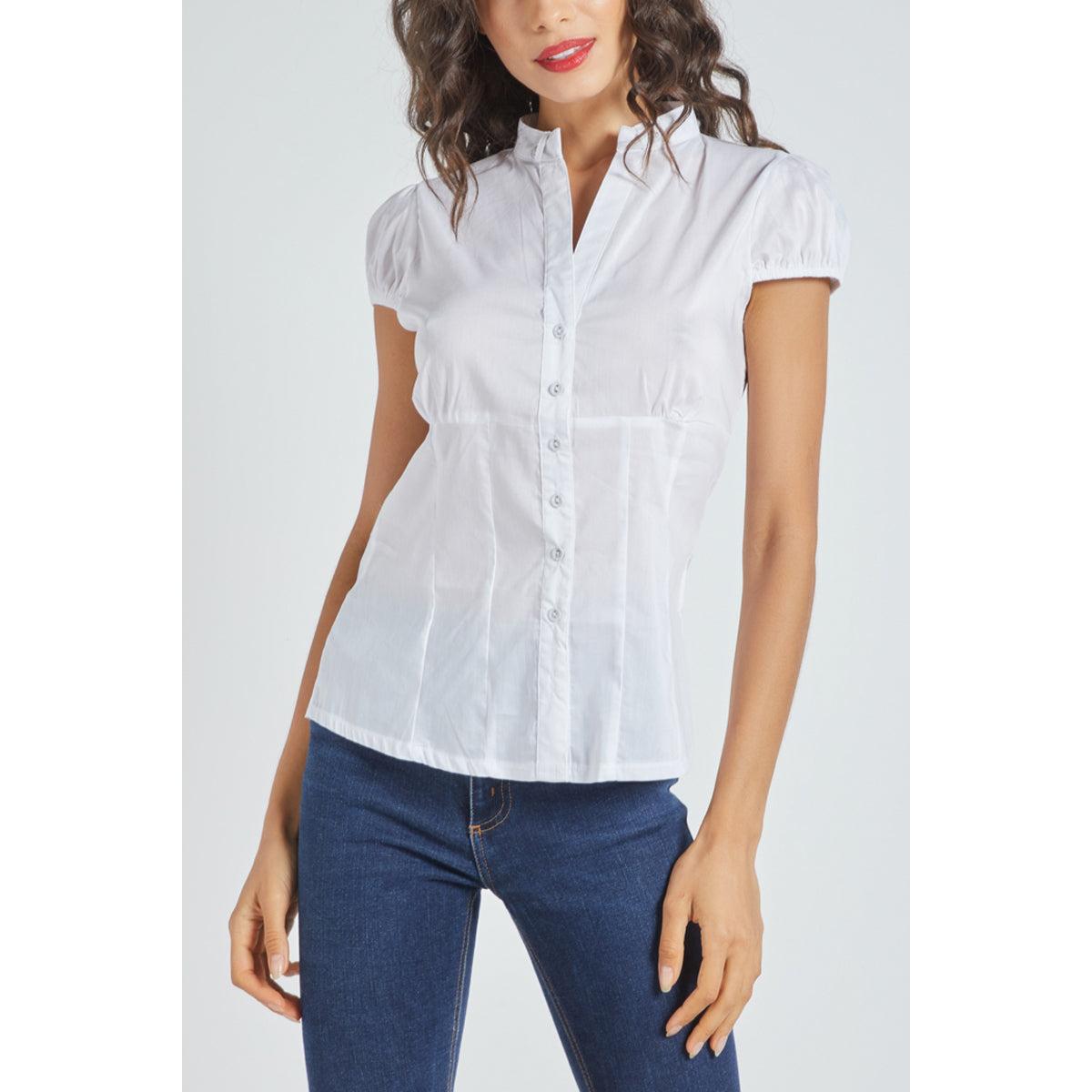 Blusa mujer entallada manga corta botones algodón cuello camisero top elegante polera blanca camisa atuendo oficina urbana talla L fresca cómoda versátil moderna clásico sofisticado ✅Entrega 24/48h