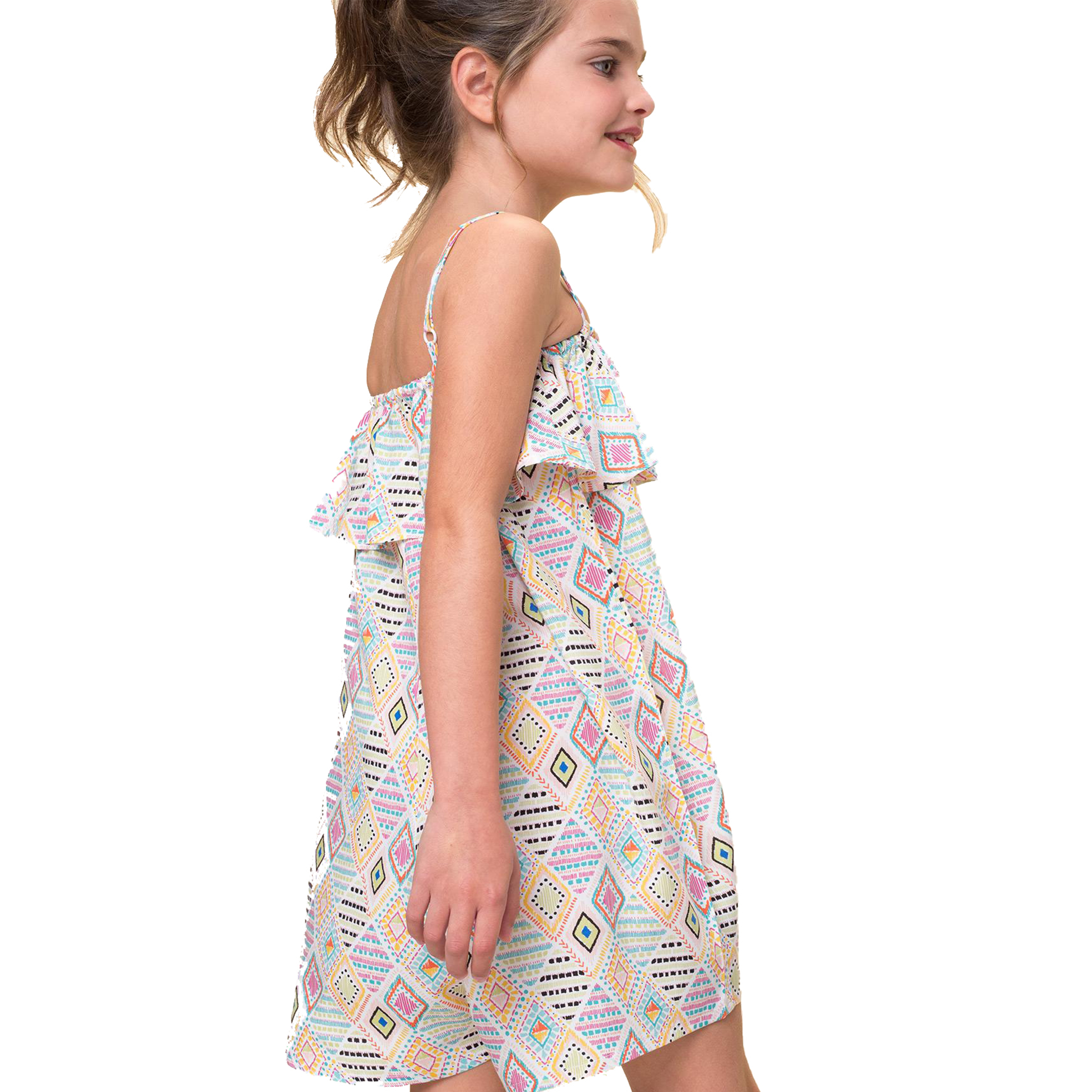 Mono corto de verano para niña Petit Alo – Cómodo, muy fresquito - con volante y tirantes regulables, estampado rombos multicolor