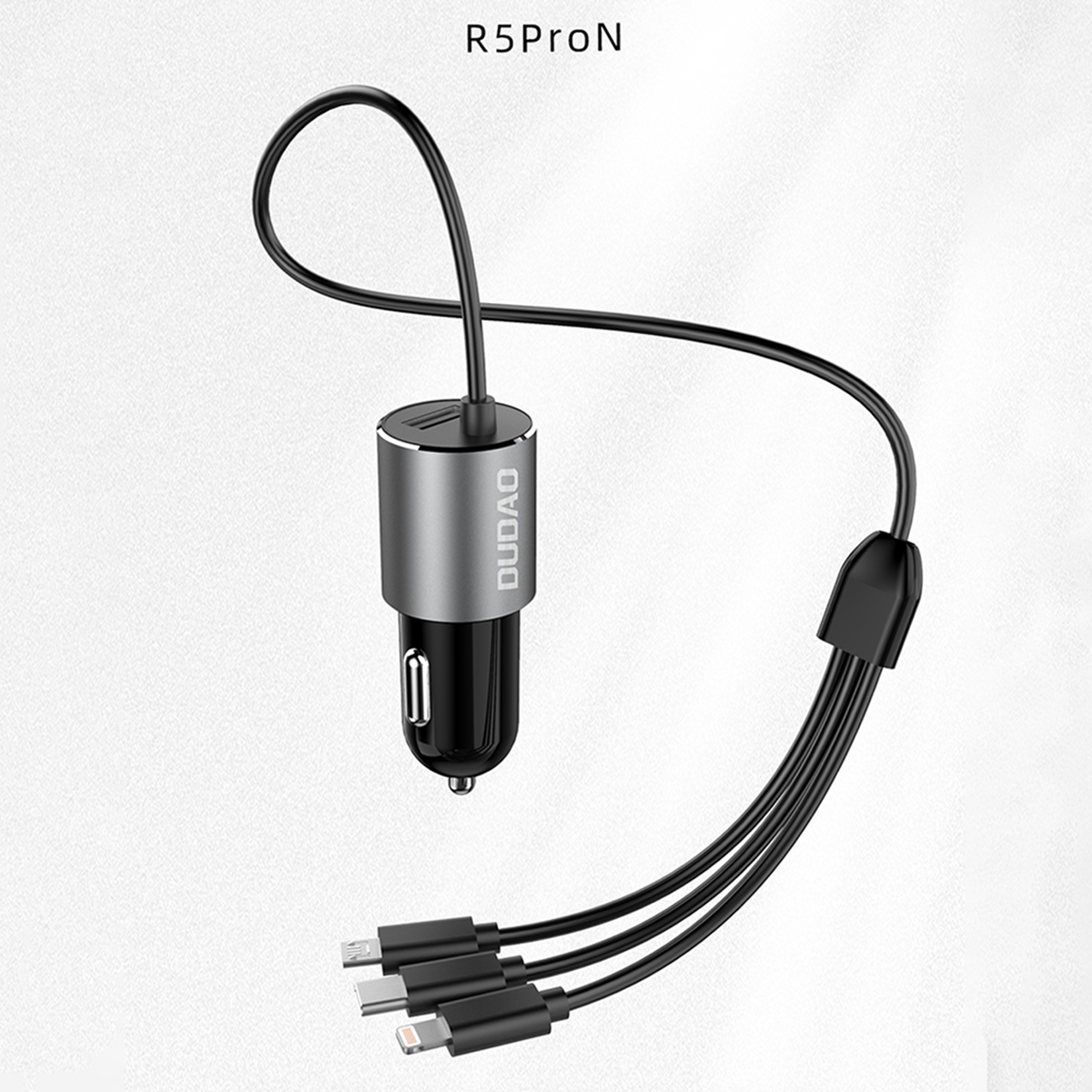 DUDAO - Cargador de coche R5ProN 3.4A con 1 puerto USB y cable 3 en 1 integrado, carcasa de aleación de aluminio y ABS gris para carga simultánea de hasta 4 dispositivos