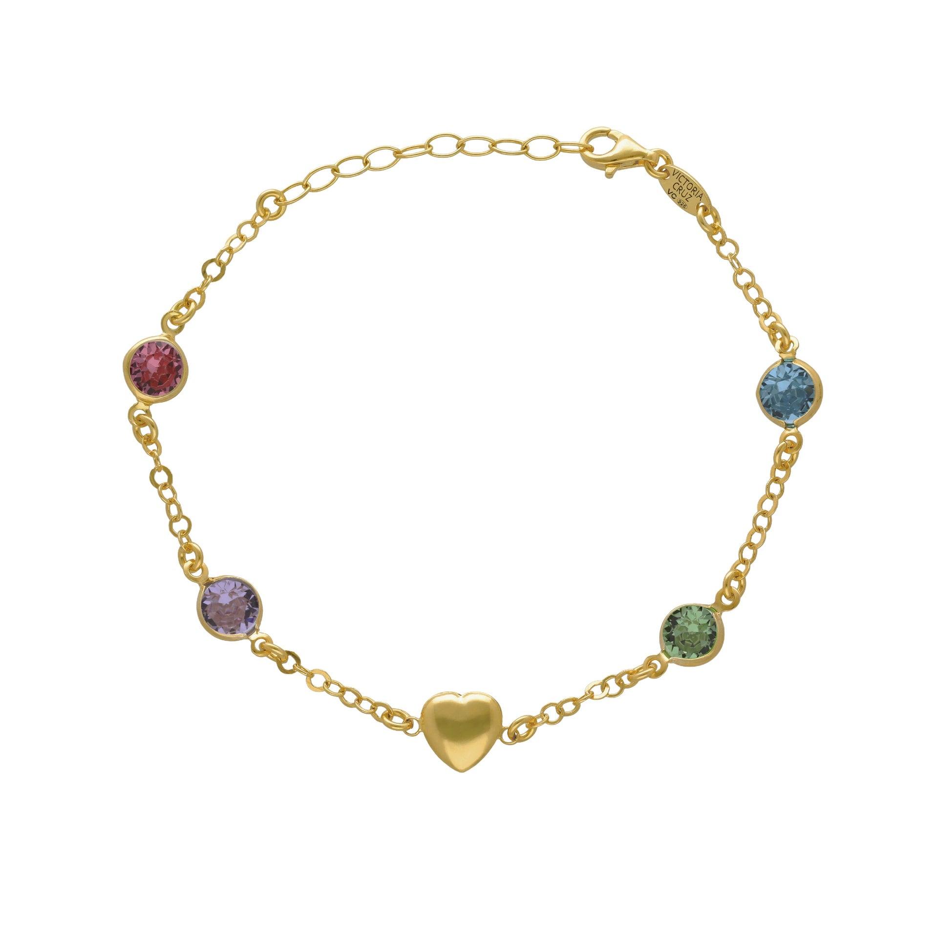 Victoria Cruz - Pulsera en forma de corazón con cristal multicolor para mujer, Plata de Ley 925, Baño en Oro 18k