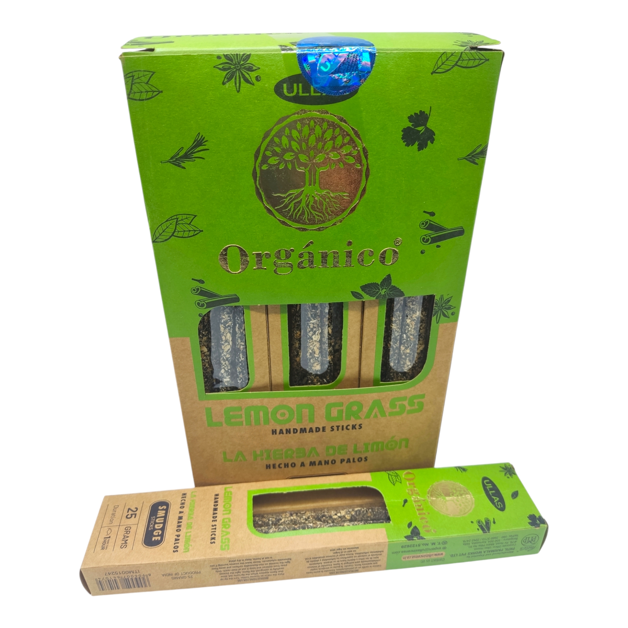 Incienso Natural Orgánico Lemon Grass de Ullas - Varillas Hechas a Mano - Caja Completa 12 Cajitas x 25 g (300 g) - Hecho en India