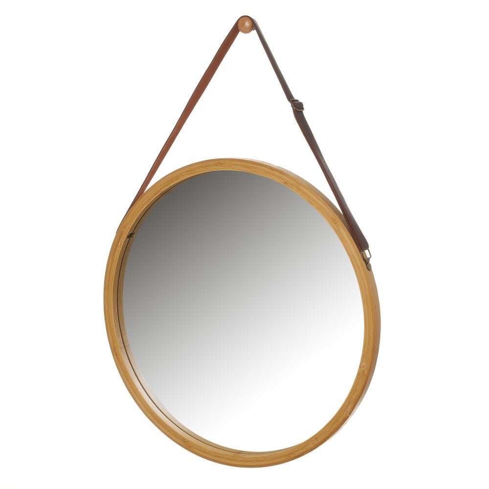 Espejo redondo de pared de bambú natural de 38 cm con correa ajustable Correa ajustable de polipiel. Marco de bambú natural. Incluye pomo colgador. Espejo de pared para baño, vestidor o recibidor CasaSelección