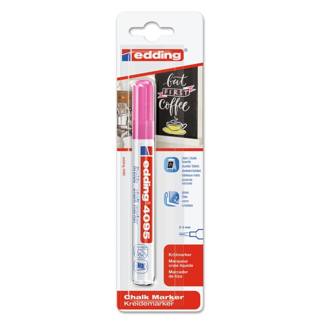 edding 4095 marcador de tiza - rosa neón - 1 rotulador de tiza - punta redonda 2-3 mm - rotulador para cristal borrables - para pizarras, vidrio y espejos - tiza líquida de cobertura opaca