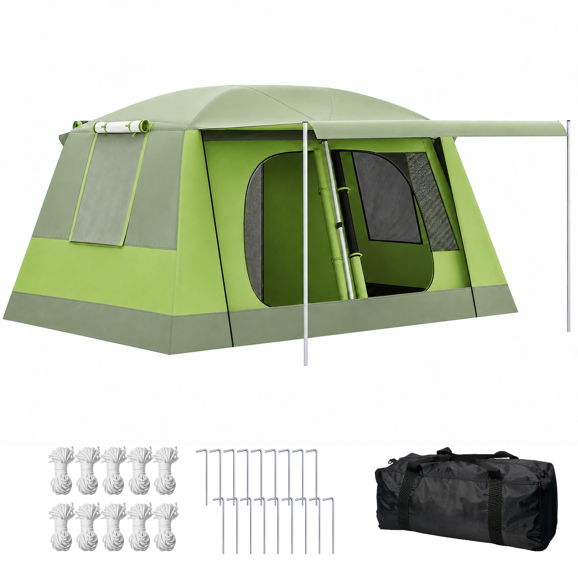 Outsunny Tienda de Campaña Familiar para 4 Personas Tienda de Camping con Mosquitera Gancho y Bolsa de Transporte Anti-UV para Pescar Senderismo Impermeable 2000 mm 405x305x225 cm Verde