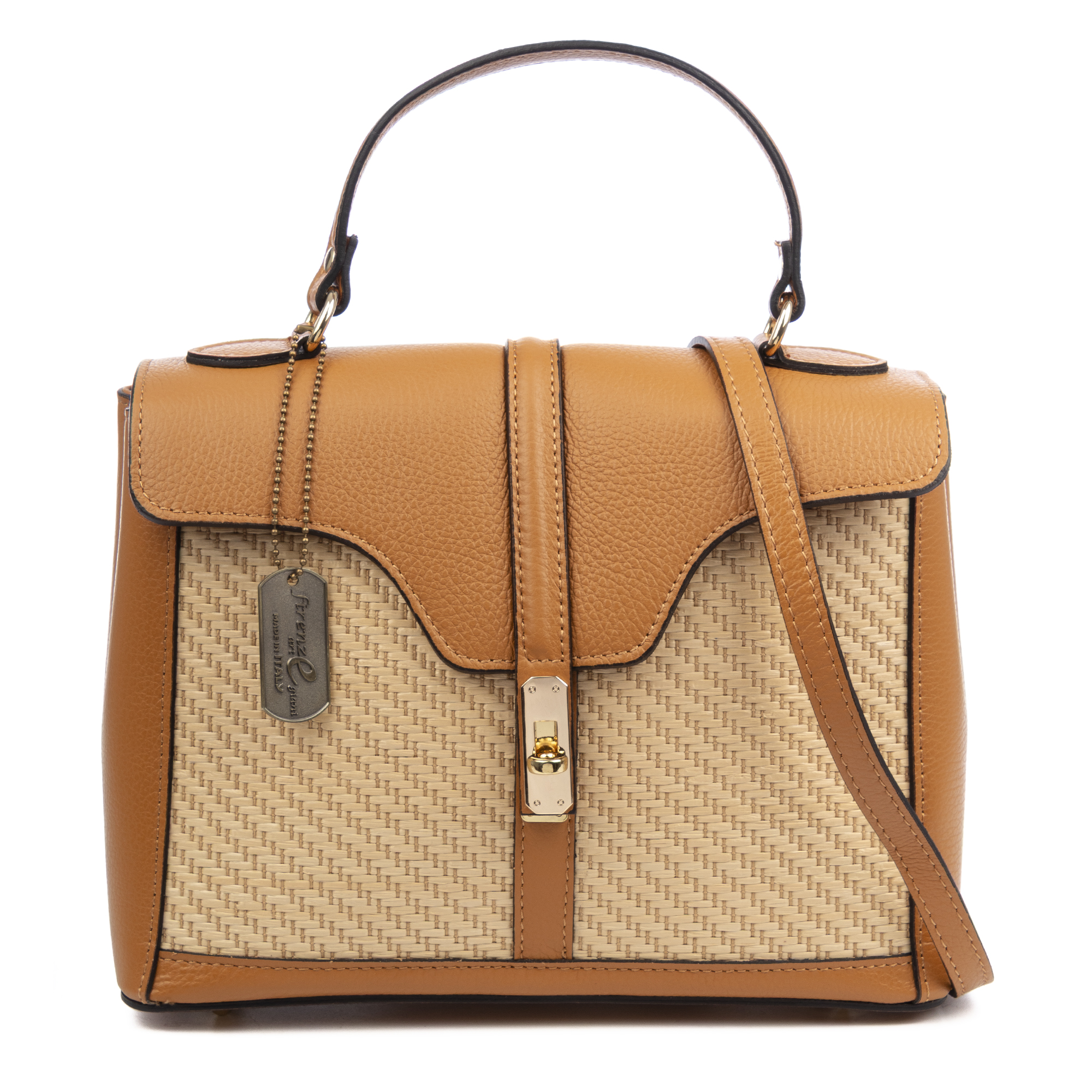 FIRENZE ARTEGIANI Bolso de mano Mujer. Fabricado en piel Dollaro, con parte anterior y posterior en paja. 30x13x21cm.