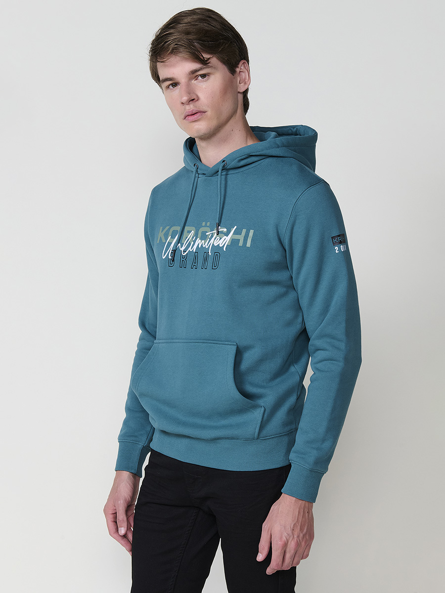 Koroshi - Sudadera con capucha para hombre Koroshi Sudadera estampada frontal, 60% algodón y 40% poliéster, corte regular y bolsillo canguro
