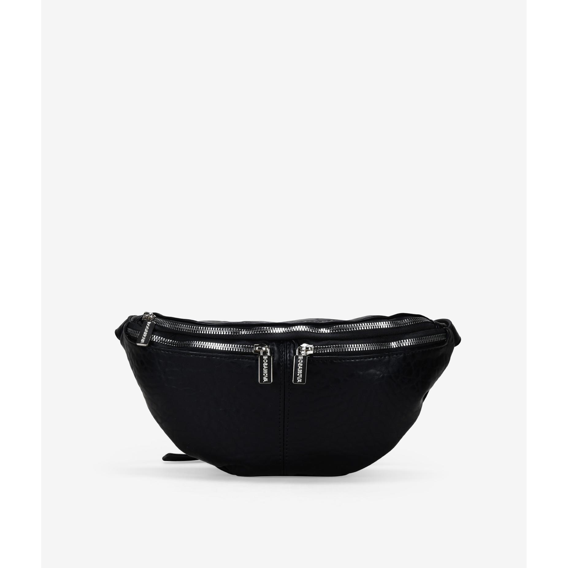 Bosanova Riñonera mediana para mujer con textura granulada, cremalleras frontales y asa de cruzar regulable con argollas. Cierre con cremallera metálica.