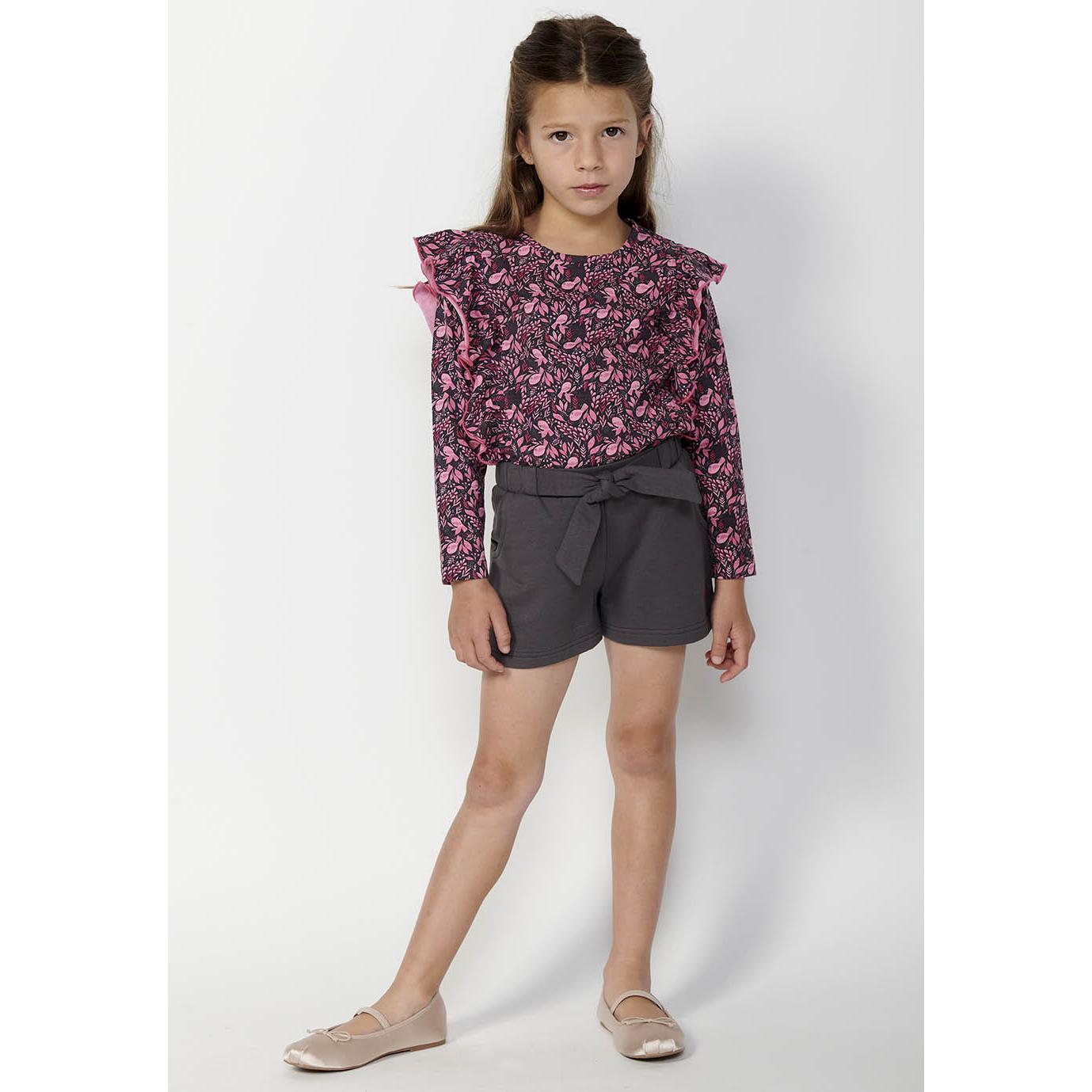 Koroshi - Pantalón corto bermuda para niña con cintura engomada elástica y cinturón integrado, 95% algodón y 5% elastano, gris, cómodo y transpirable