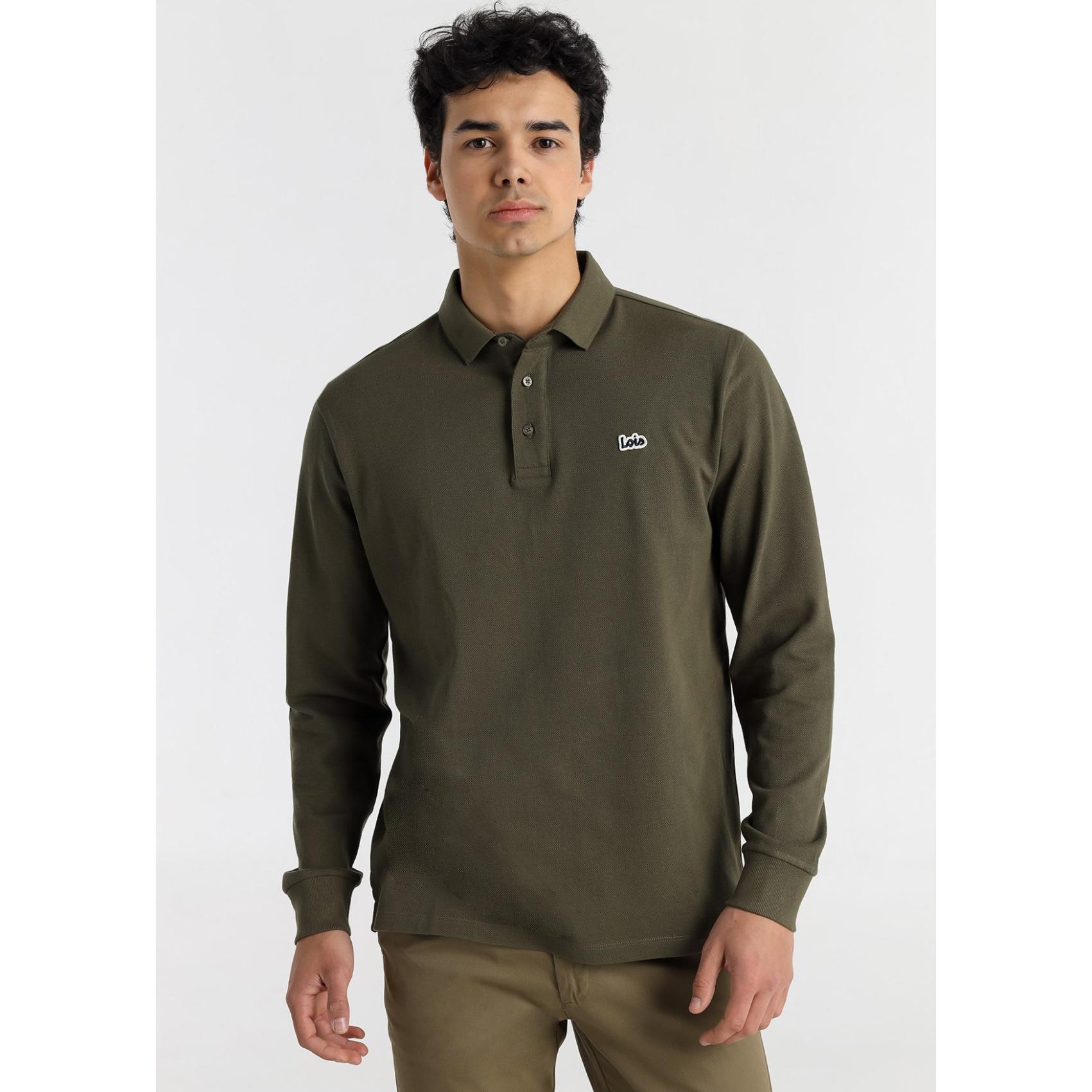 Polo Manga Larga Hombre Lois Jeans Verde Caqui Piqué Algodón | Polo Básico Clásico con Logo Bordado 251109