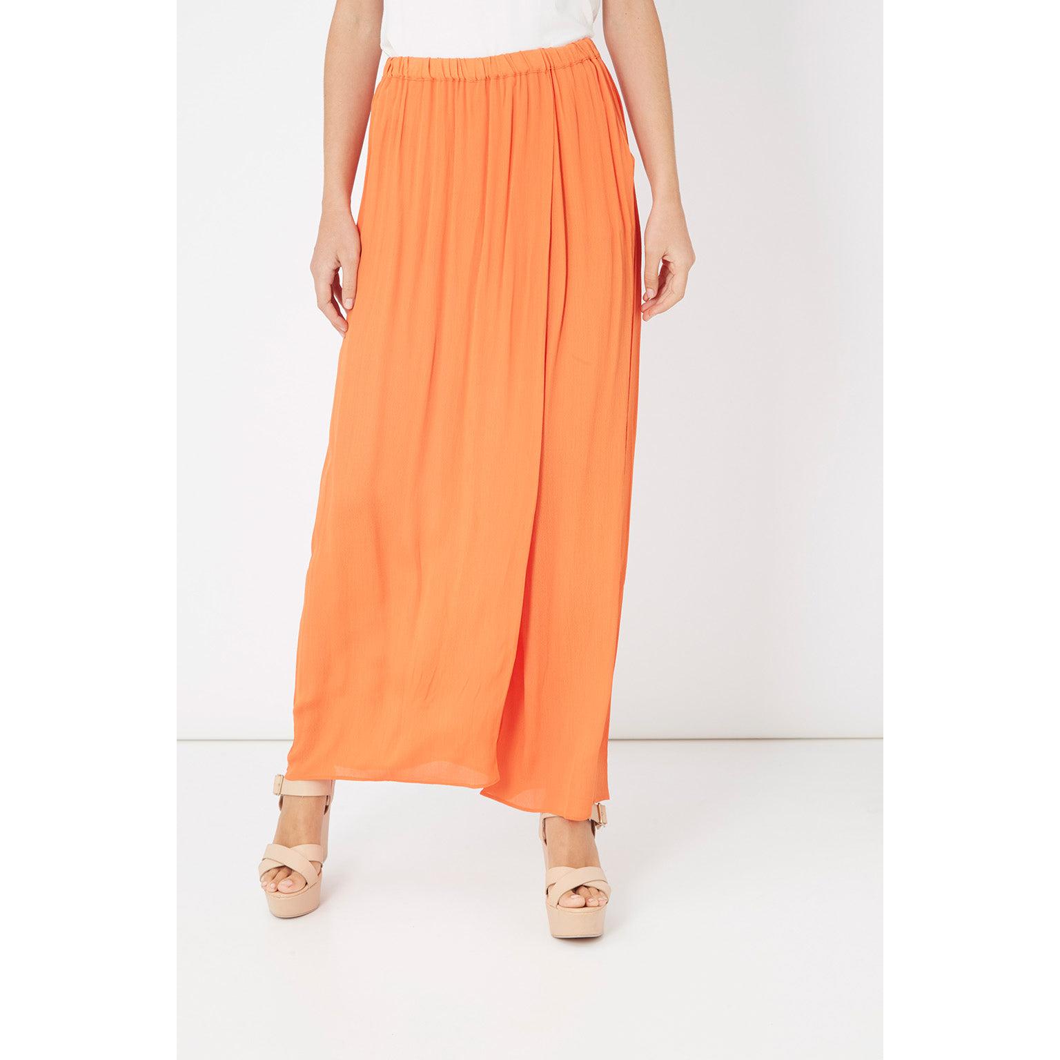 Pantalón largo mujer, palazzo, efecto doble prenda, cintura elástica, bolsillos delanteros, estilo casual, cómodo, versátil, tejido fluido, color naranja, talla L, ideal verano ✅Entrega 24/48h