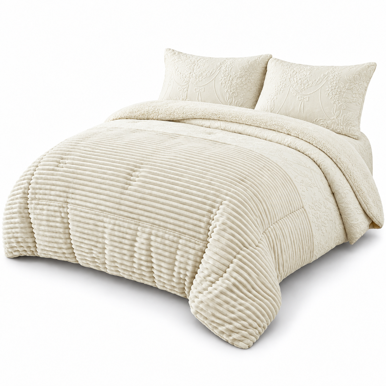 Edredón de Borreguito con Fundas de Almohada, Colcha de Invierno Cálida y Suave, Tejido de Canalé y Diseño Floral, para Cama de 90, 135 y 150 cm