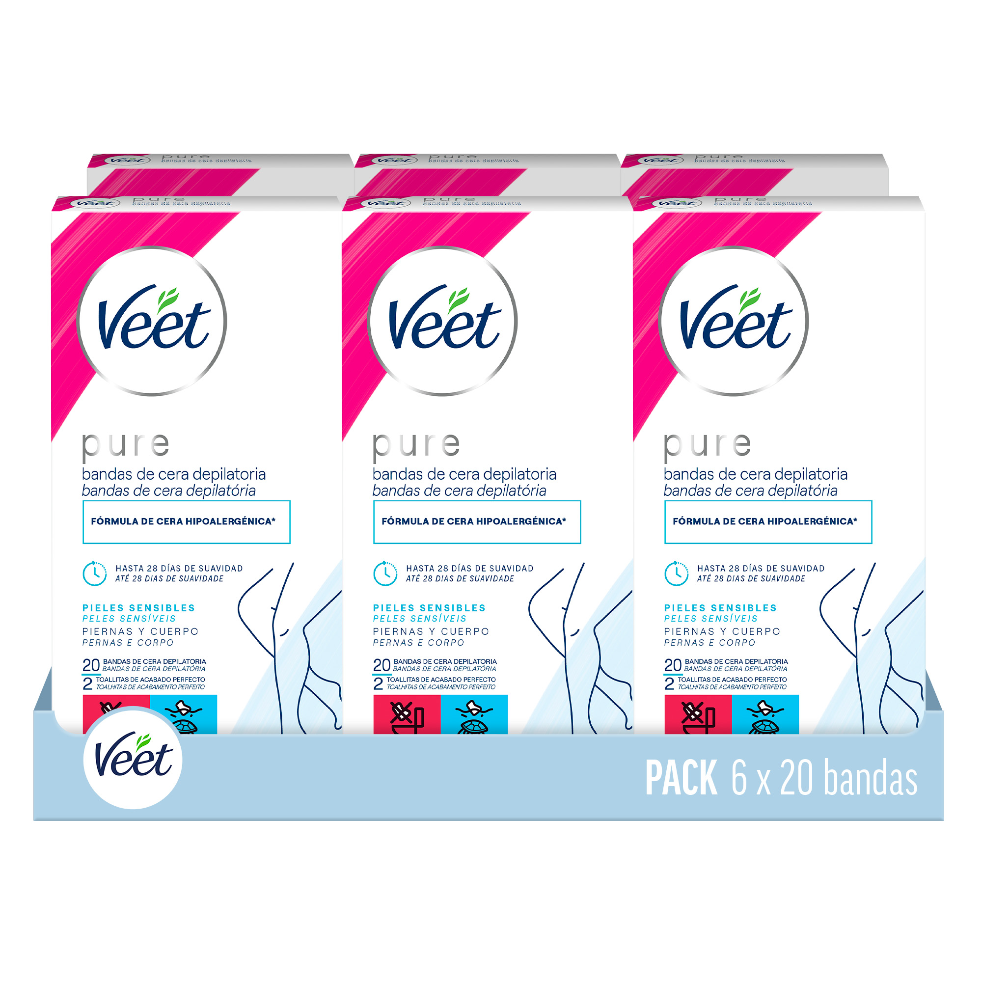 Veet Bandas de Cera Fría Corporal | Piernas, Brazos, Axilas y Bikini | Piel Sensible | Hasta 28 Días de Suavidad | Tecnología Easy-Gel | 20 Bandas + 2 Toallitas