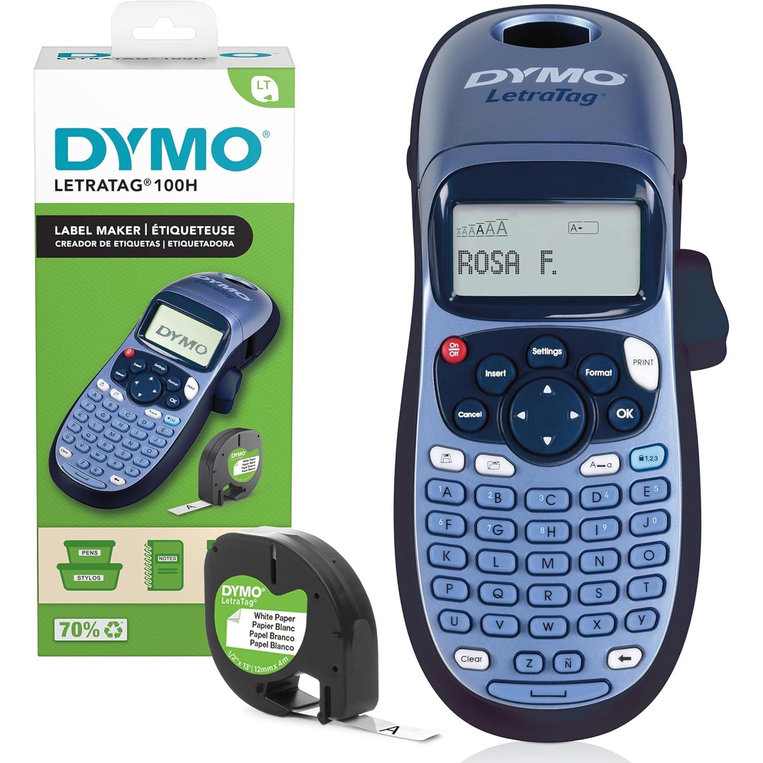DYMO LetraTag LT-100H Rotuladora Etiquetadora, Impresora de Etiquetas Portátil | Teclado ABC / Pantalla LCD de 13 Caracteres | Perfecta para la Oficina o para el Hogar | Incluye 1 Cinta de Etiqueta de Papel Blanco
