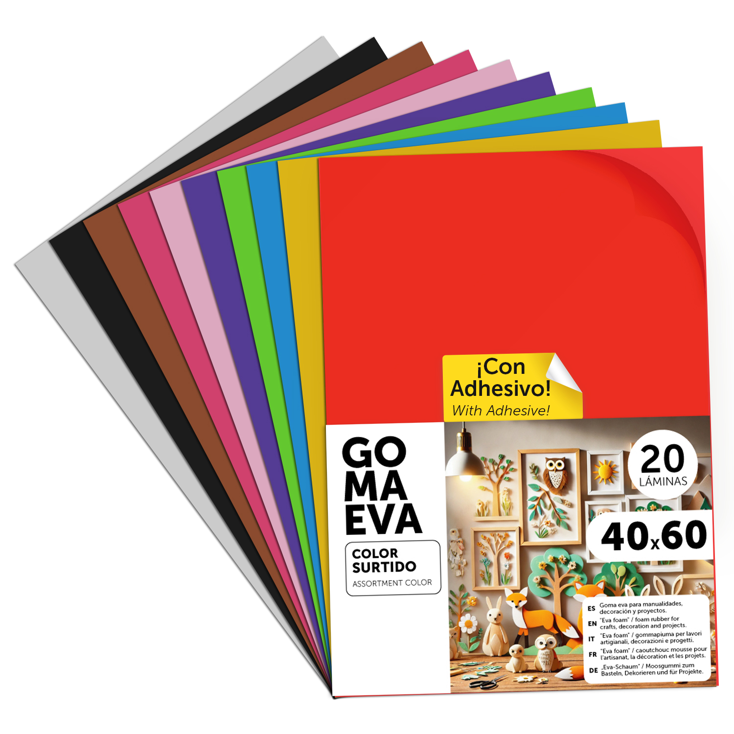 Goma Eva para Manualidades, Goma Espuma de Colores para Proyectos Creativos, Ideales para Artes y Manualidades, uso Escolar, Profesional o Artístico 40x60cm - m-office (Surtido Adhesivo, 20 uds)