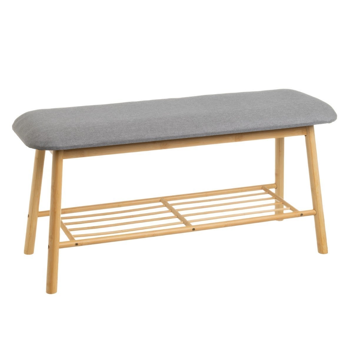 Banco zapatero de bambú marrón y poliéster gris para entrada, de 90x30x44cm Mueble 2 en 1 robusto y acogedor. Organiza fácilmente tu calzado y disfruta del máximo confort al calzarte todos los días CasaSelección
