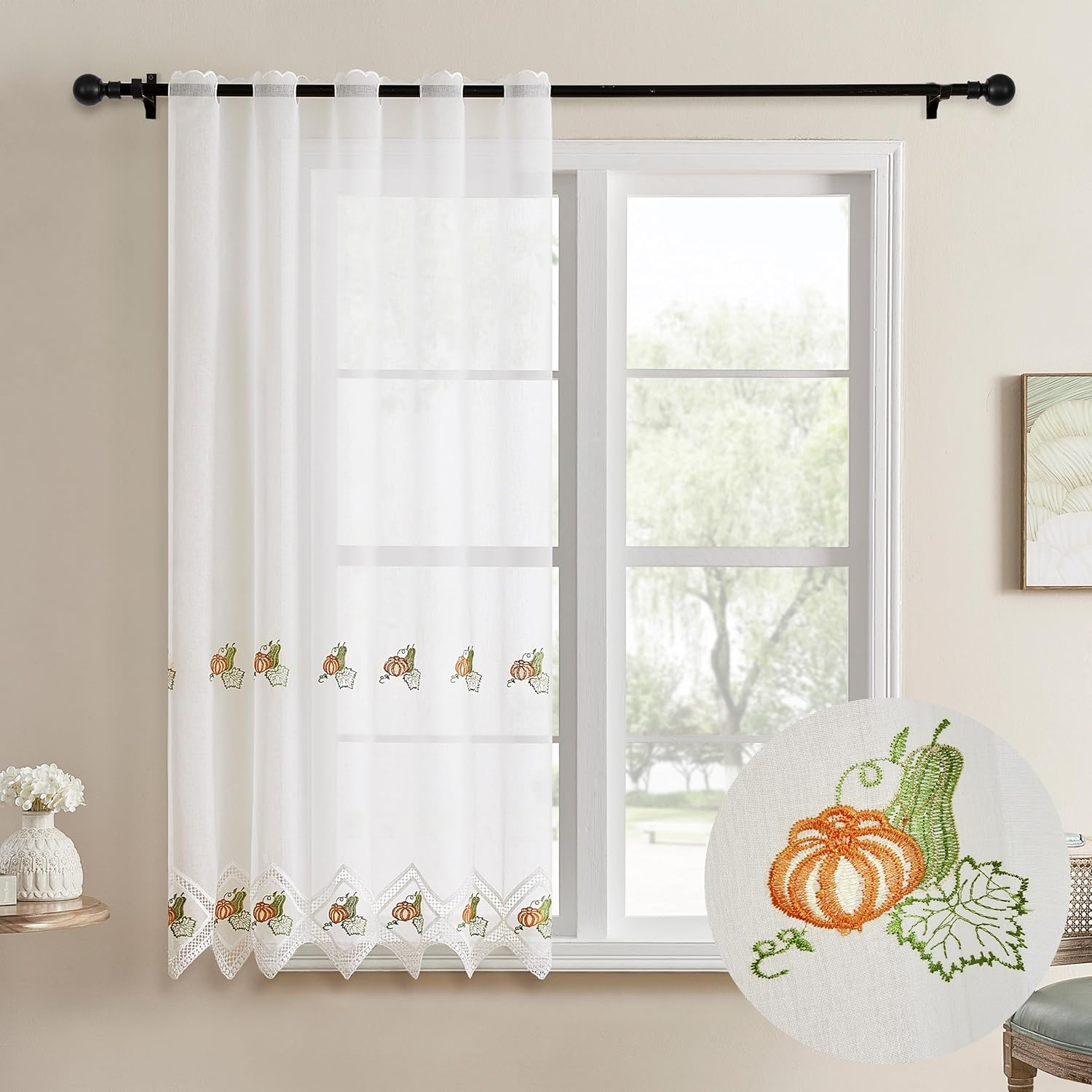 Cortina de Cocina Transparente con Bordado Floral, Visillo de Encaje Decorativo, Cortina Corta para Ventana, Estilo Campestre, 105x140 cm / 150x140 cm