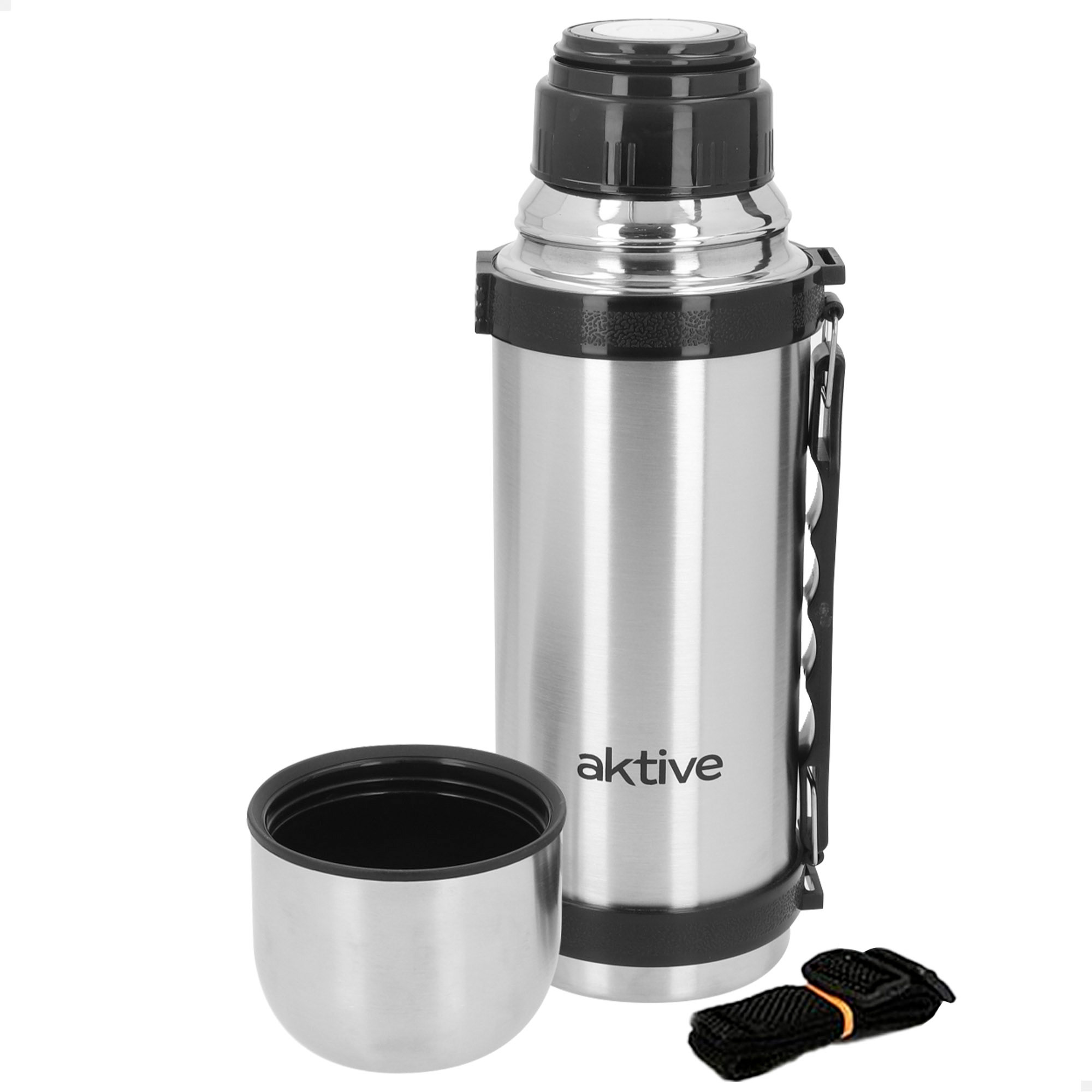 Aktive - Botella térmica, acabado metálico, acero inoxidable 18/8, medidas, tapón hermético antifugas, sistema antigoteo, incluye taza, libre de BPA, botella agua térmica, botellas termo