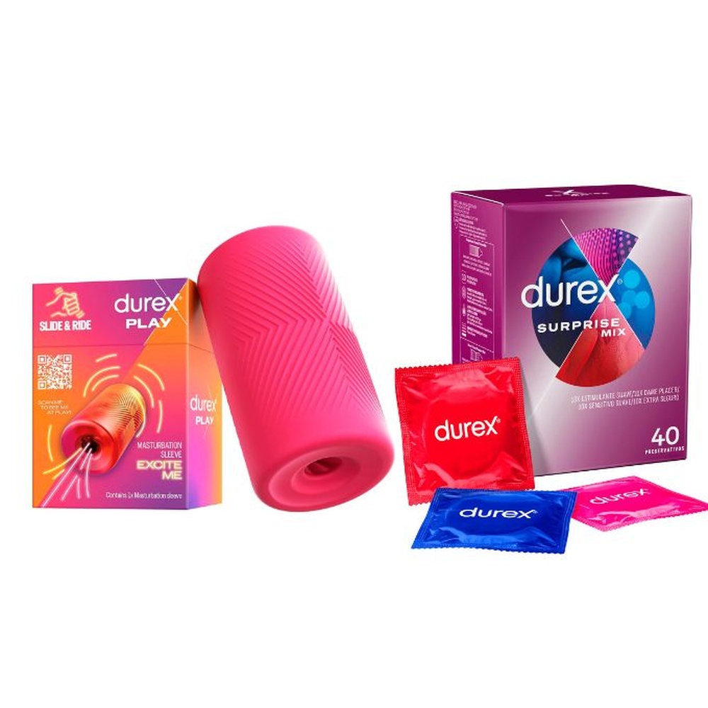 Durex Pack Masturbador SLIDE & RIDE + Preservativos Surprise Mix, 40 Condones Surtidos