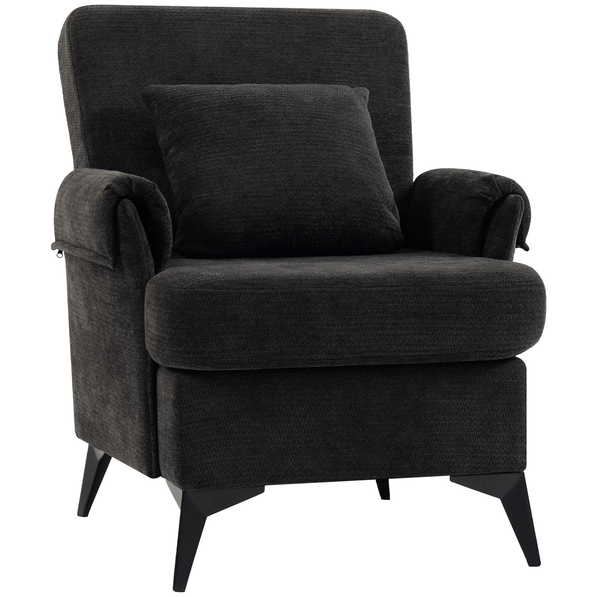 HOMCOM Sillón Relax Sofá Individual de Chenilla, Butaca de Salón Moderna, Asiento Ancho y Cojín Grueso, Respaldo Alto, Cojín Lumbar, Bolsillo Lateral, Patas de Metal, para Dormitorio, Oficina, Negro