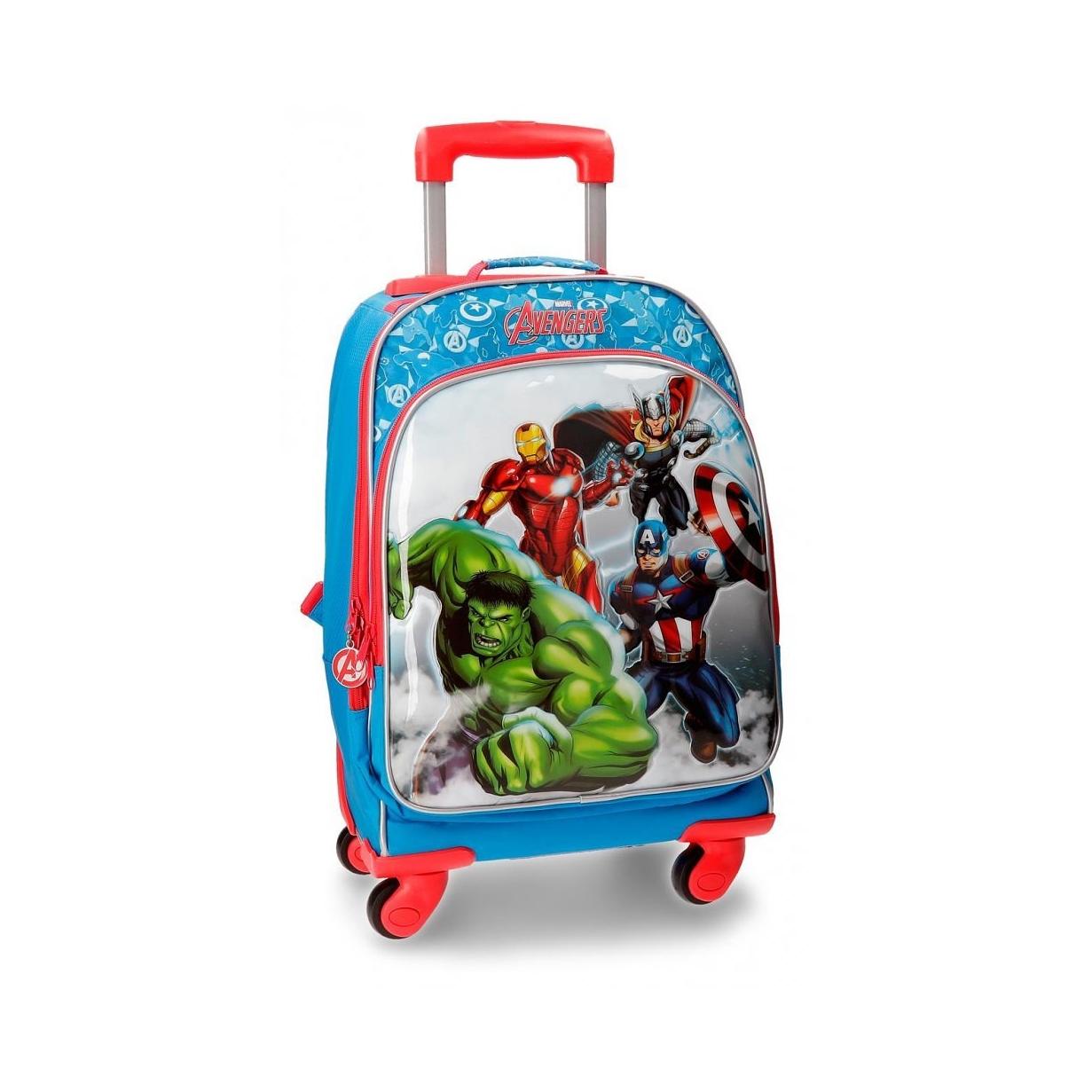 Trolley convertible en mochila de Los Vengadores | JOUMMA - Mochila con carro convertible, 32 cm x 46 cm (57 cm incluyendo ruedas y tirador recogido) x 21 cm fabricada en Microfibra con frontal en PVC