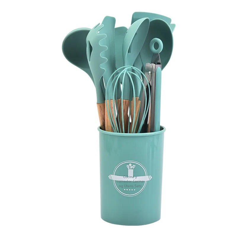 Set De Utensilios De Cocina De Silicona Con Manos De Madera No Adherente 12 Piezas Incluye Cesta De Almacenamiento Utensilios De Cocina Sin Pegamento