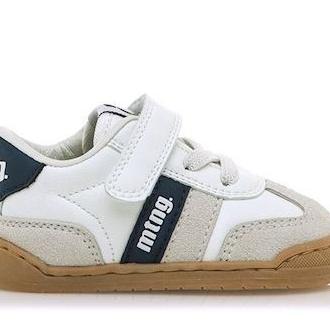 Zapatillas niño Mustang Free barefoot color modern white y losfo azul navy deportivos para peques calzado respetuoso con certificado vegano muy comodas y flexibles con cierre de tira adherente y elasticos by Mustang