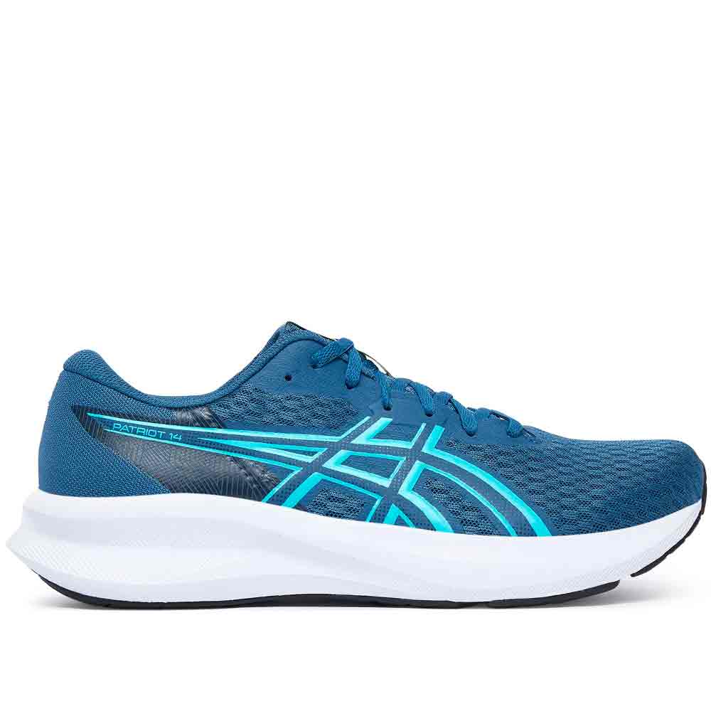 Asics - Zapatillas Patriot 14 para niño, con mediasuela EVA suave y suela de goma duradera, malla transpirable y diseño energético Grand Shark/Energy Aqua