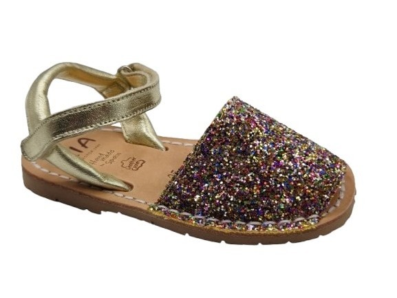 Abarcas Menorquinas Ria Para Niñas De La Marca Calzados Ria En Color Platino Con Glitter De Colores. Ria